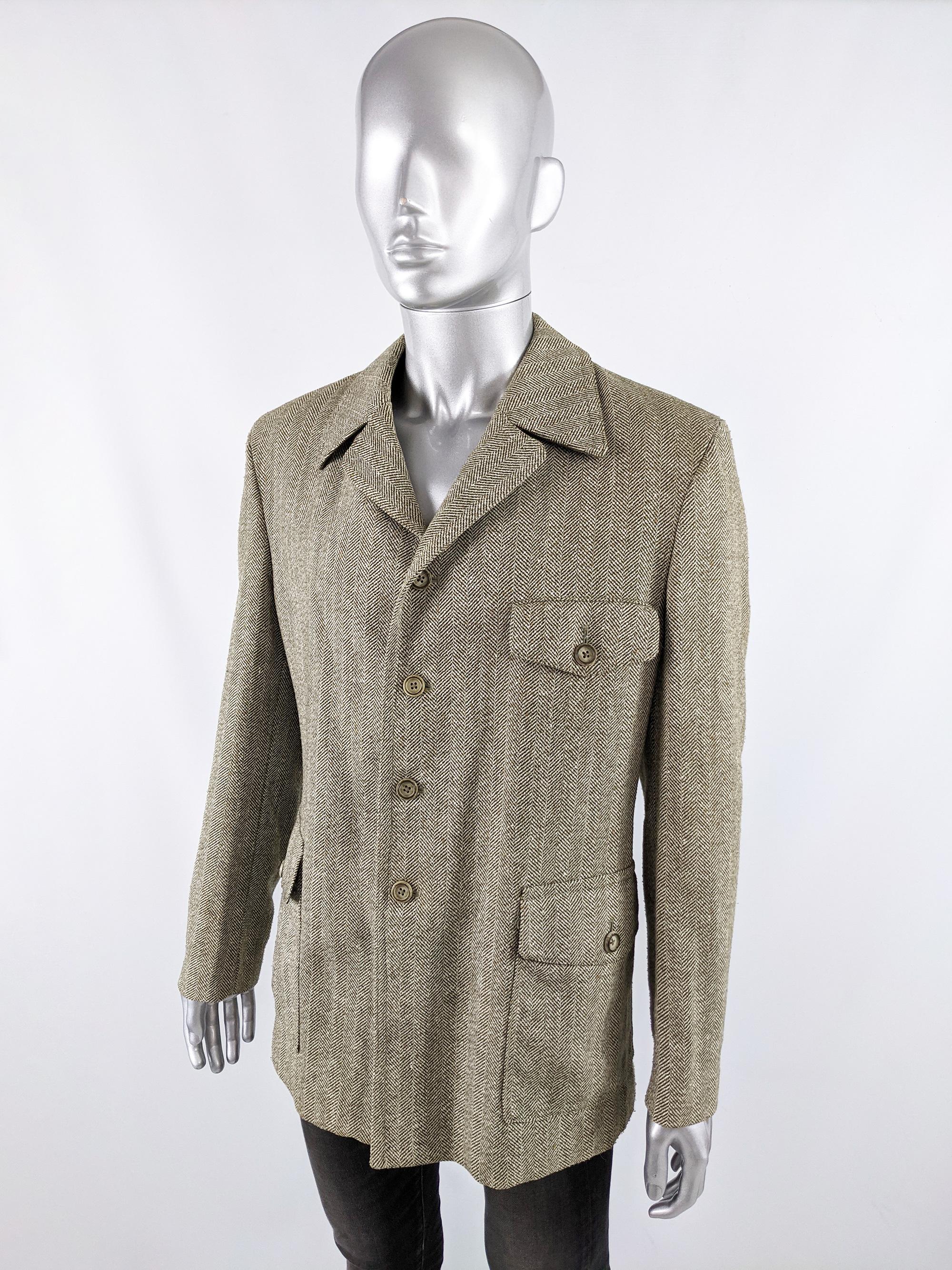 Gray Mens Vintage Half Norfolk Herringbone Wool Tweed Jacket Coat, 1970s For Sale