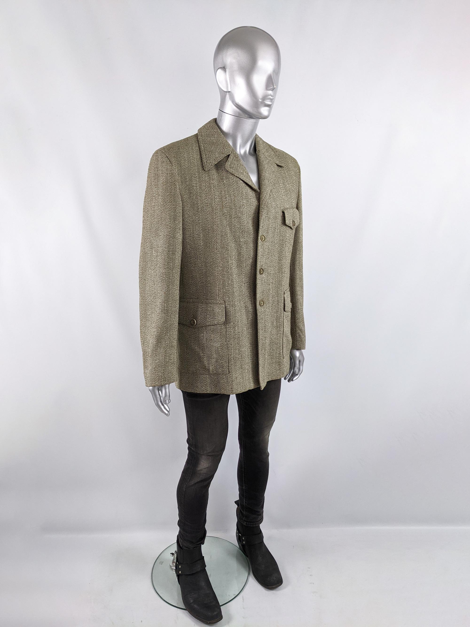 Mens Vintage Half Norfolk Herringbone Wool Tweed Jacket Coat, 1970s For Sale 1