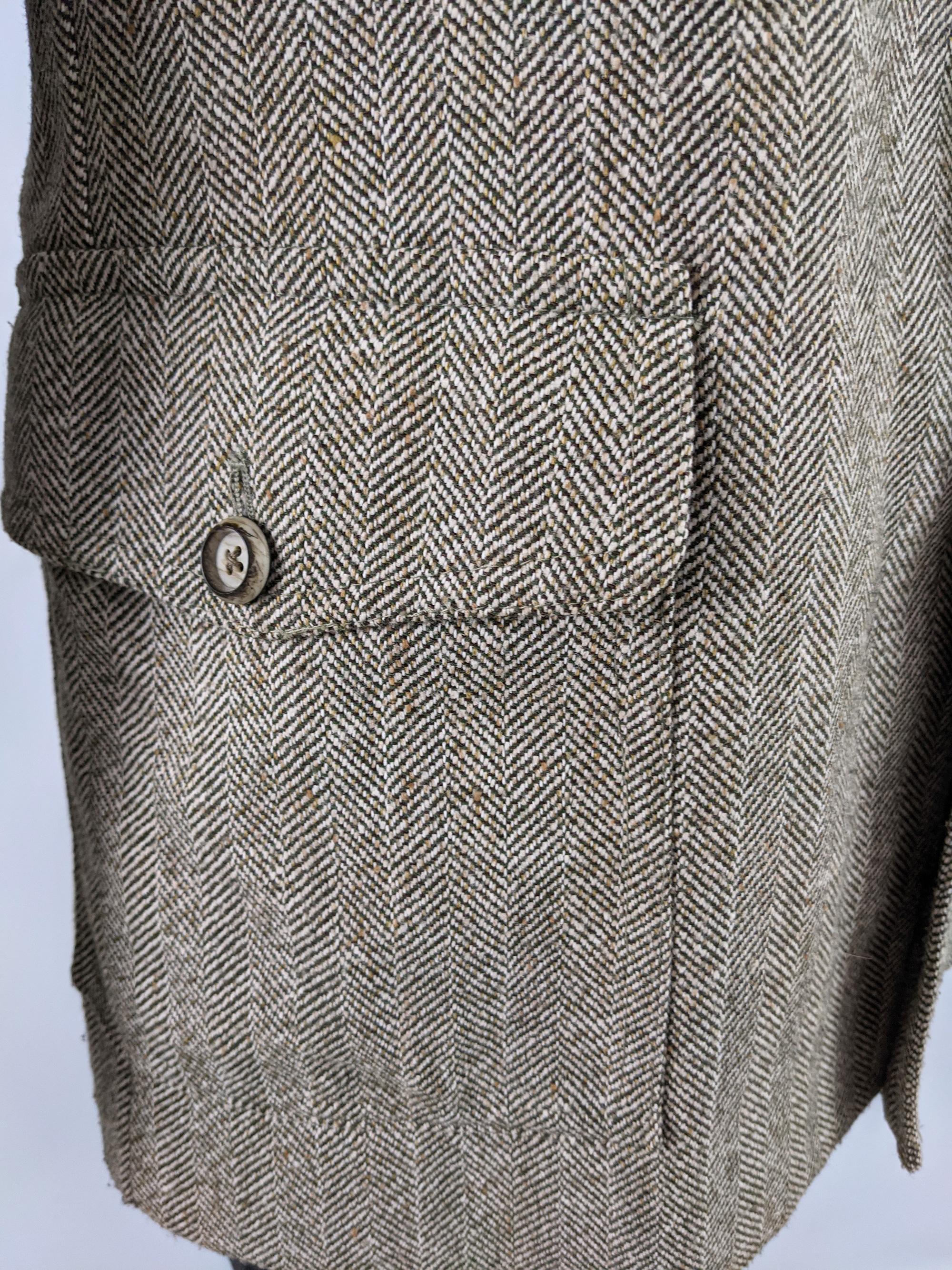 Mens Vintage Half Norfolk Herringbone Wool Tweed Jacket Coat, 1970s For Sale 2