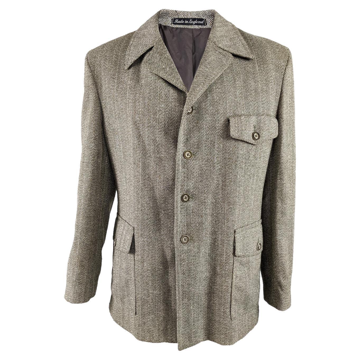 Mens Vintage Half Norfolk Herringbone Wool Tweed Jacket Coat, 1970s