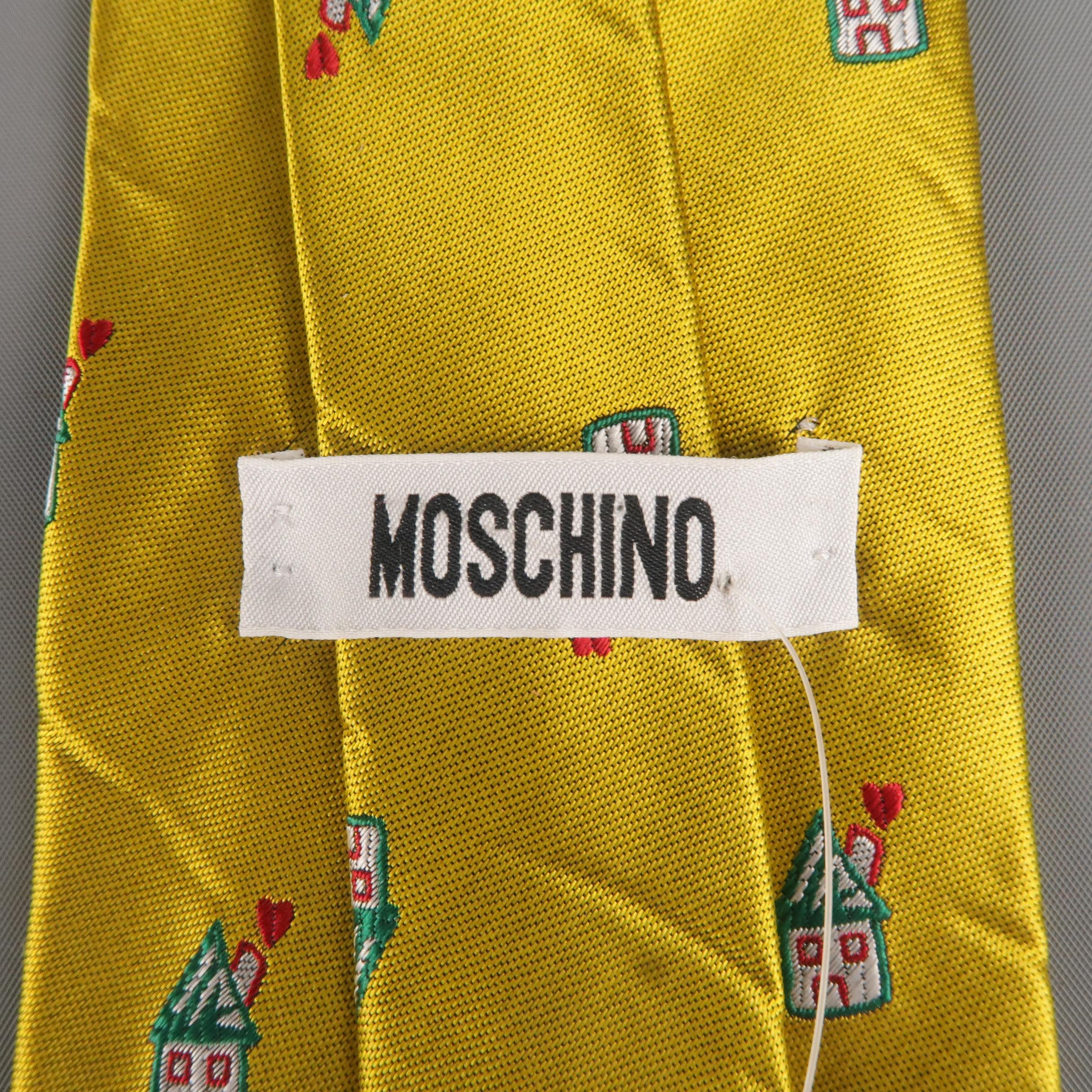 Men's Vintage MOSCHINO Gold Silk Love House Print Tie In Good Condition In San Francisco, CA