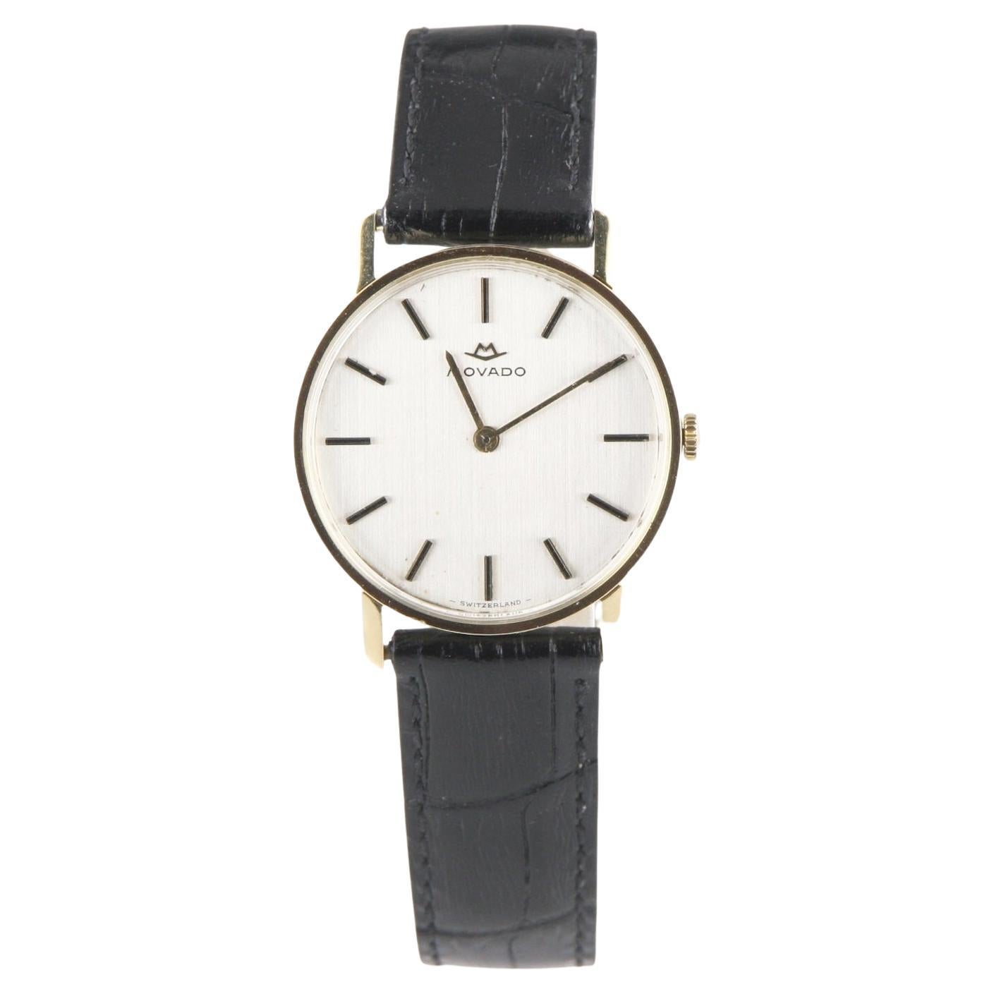 Herren Vintage Movado 18 Karat Gold Hand-Winding-Uhr mit schwarzem Lederband, Vintage
