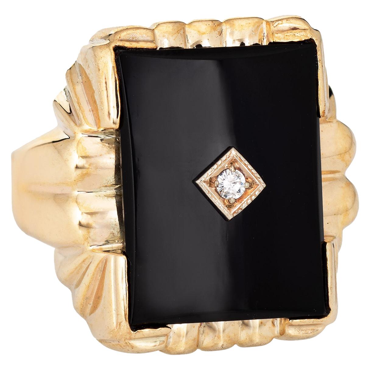 Men's Vintage Onyx Diamond Ring Square 10k Yellow Gold Estate Jewelry