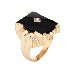 Men's Vintage Onyx Diamond Ring Square 10k Yellow Gold Estate Jewelry