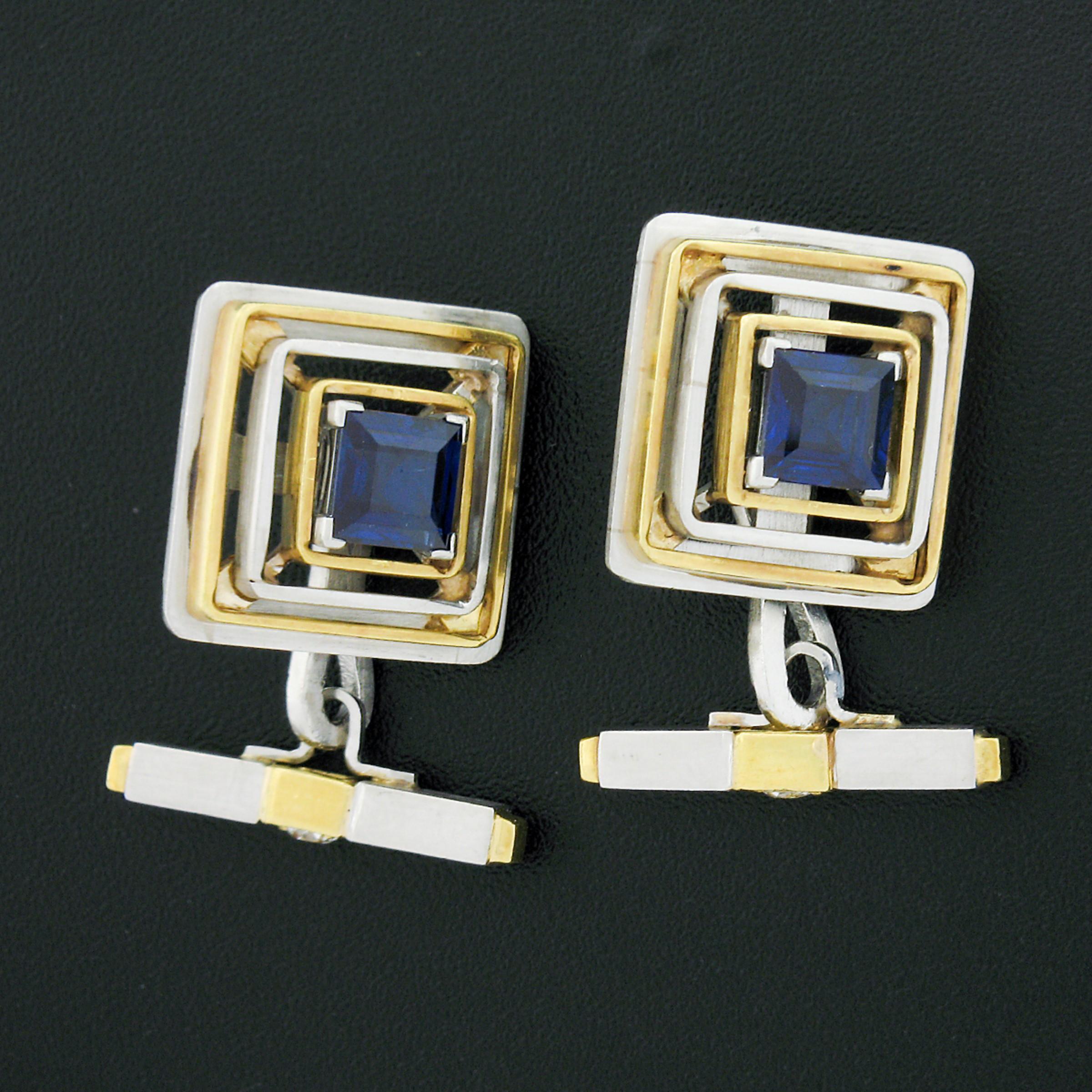 This fine pair of vintage cuff links was crafted from solid .950 platinum and 18k yellow gold and features 2 square step cut, GIA certified, TOP QUALITY sapphire stones. The sapphires have a true royal blue color with NO HEATING indications. The