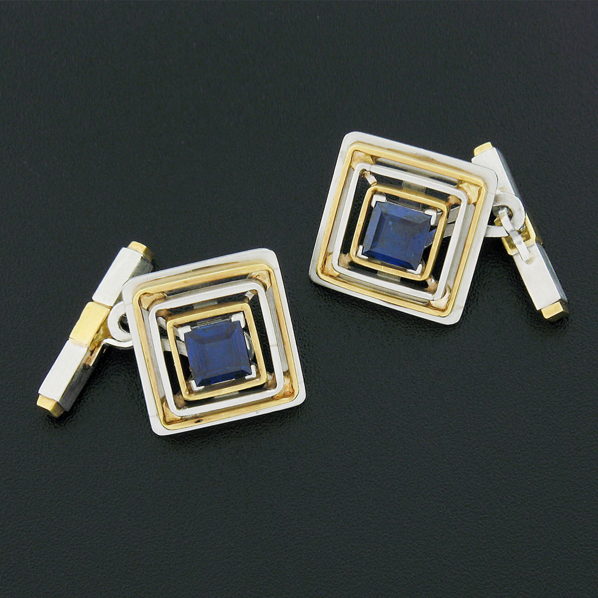 Men's Mens Vintage Platinum 18k Gold GIA Sapphire Diamond Concentric Square Cuff Links