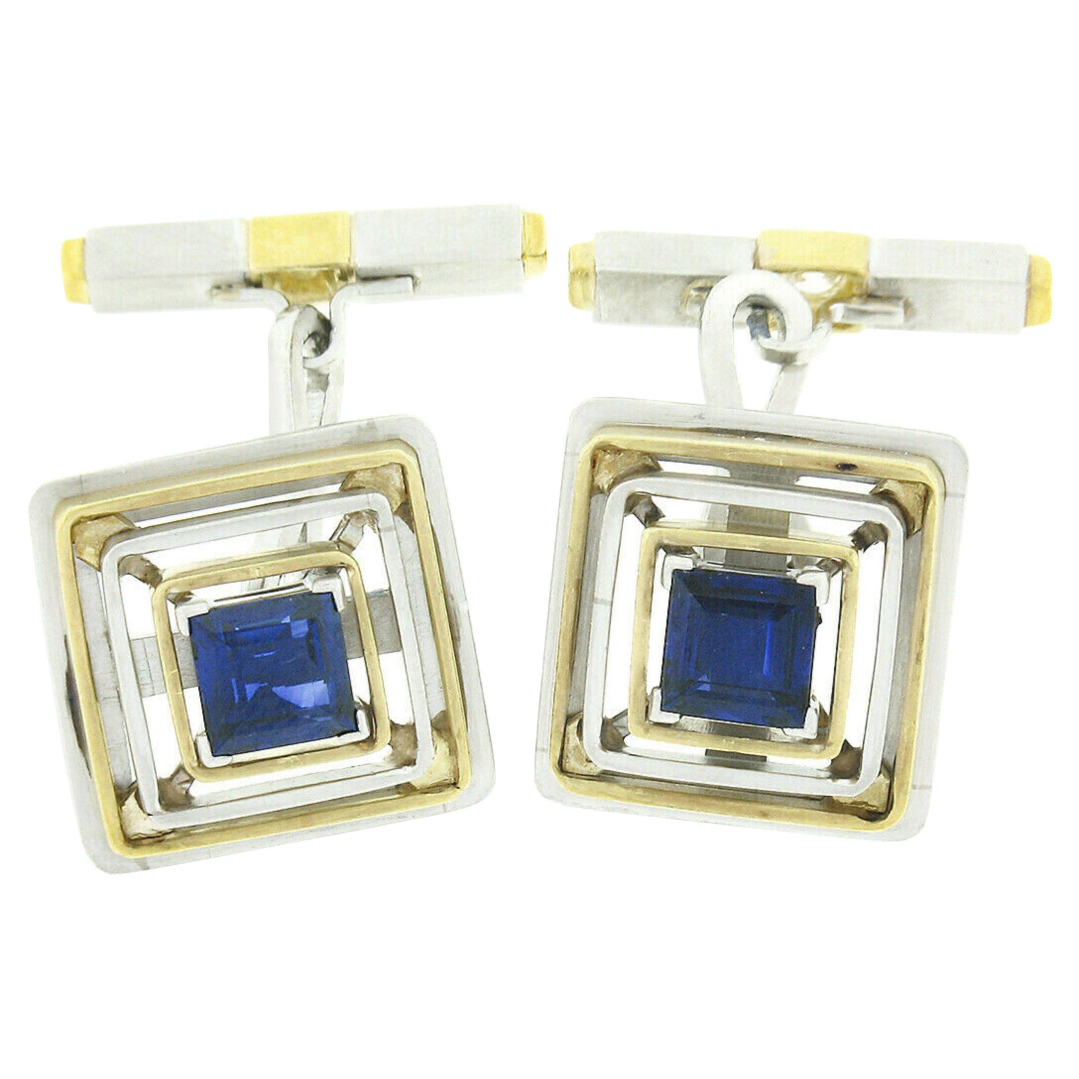 Mens Vintage Platinum 18k Gold GIA Sapphire Diamond Concentric Square Cuff Links