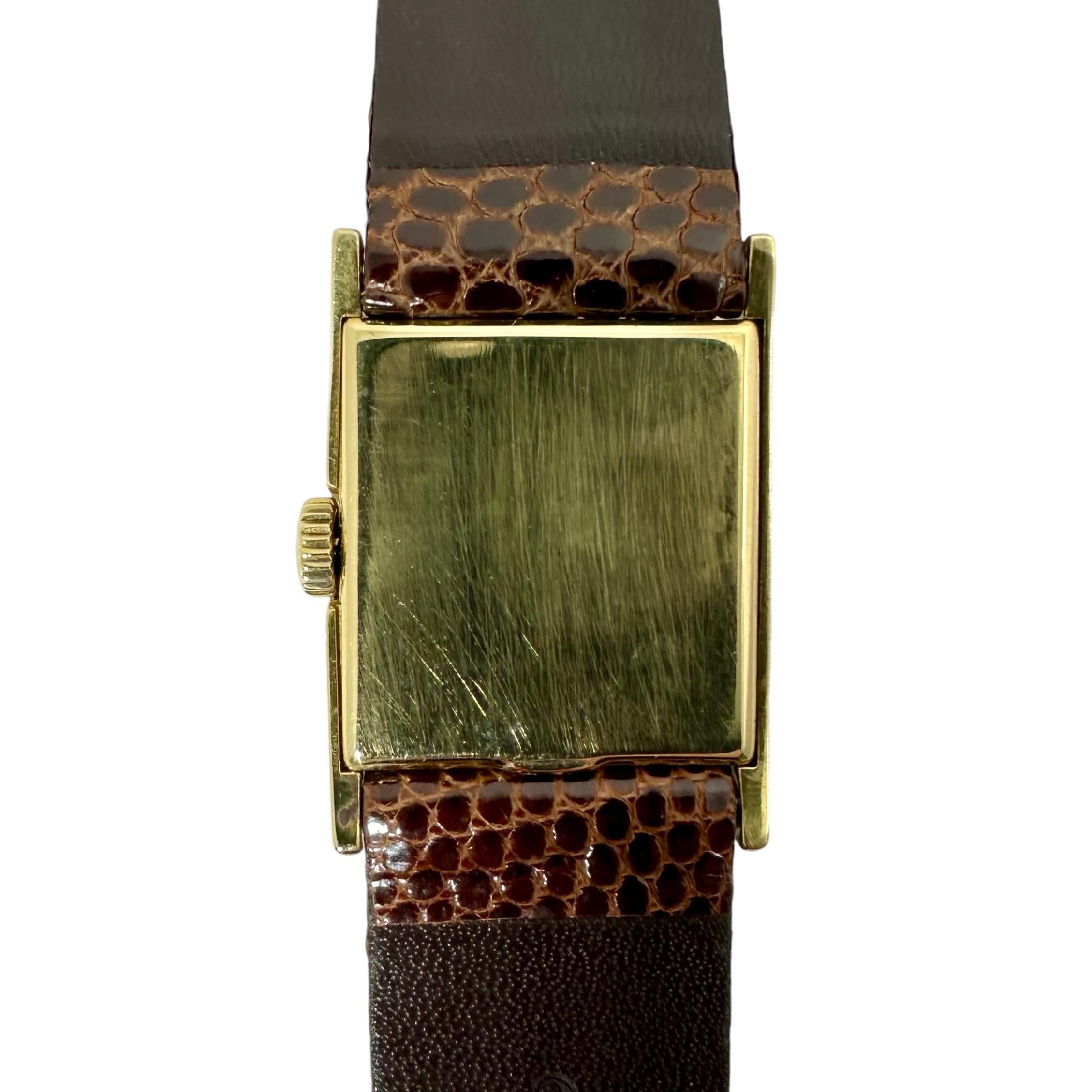 Herrenuhr Vintage Rectangular Patek Philippe 18K Gold mit braunem Eidechsenarmband (Moderne)