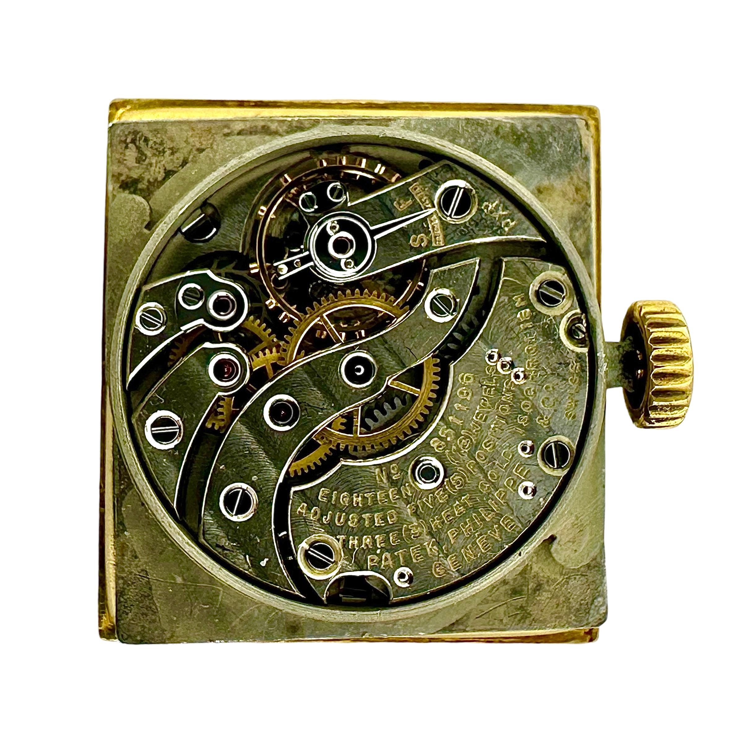 Herrenuhr Vintage Rectangular Patek Philippe 18K Gold mit braunem Eidechsenarmband 3