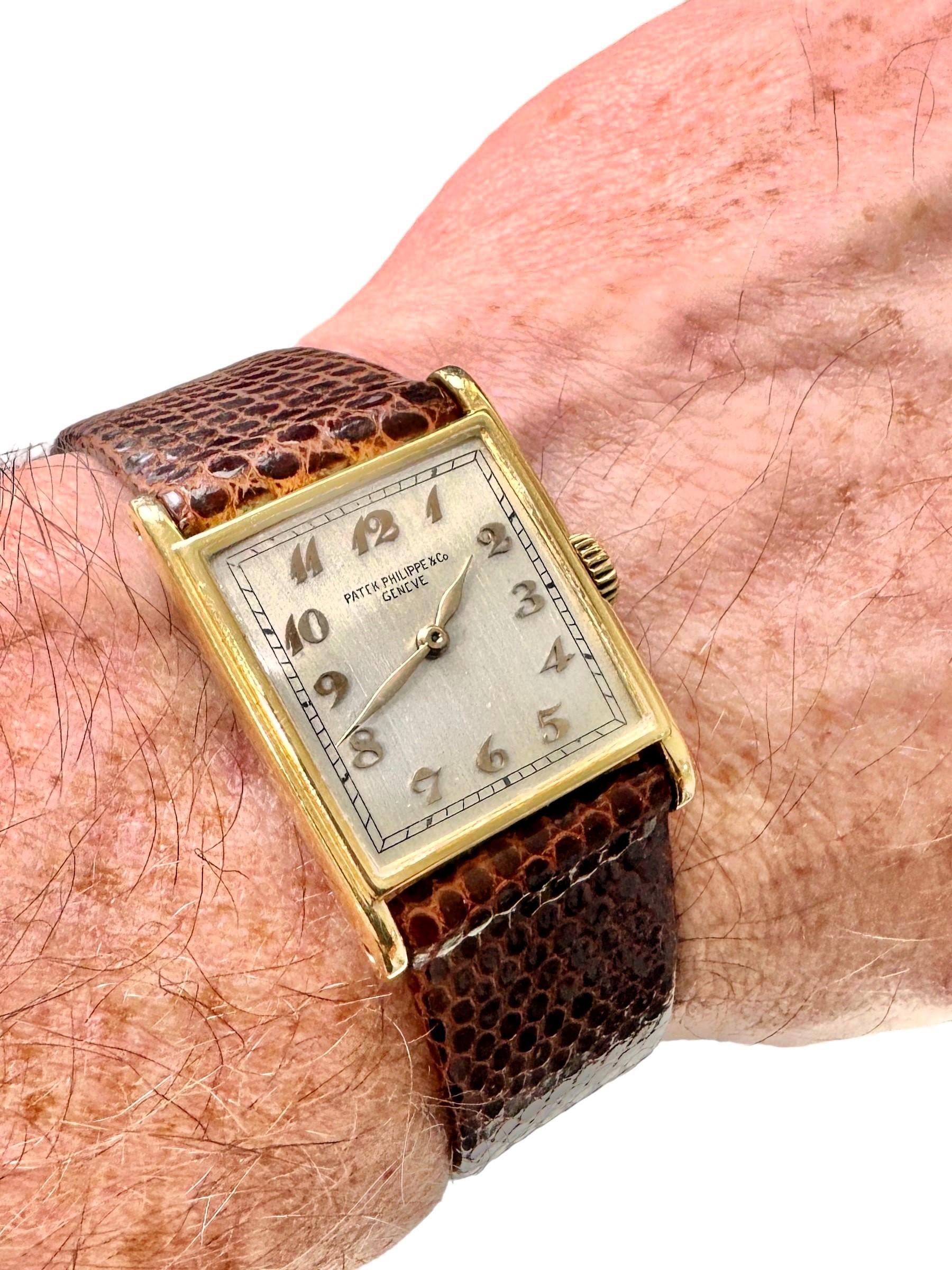 Herrenuhr Vintage Rectangular Patek Philippe 18K Gold mit braunem Eidechsenarmband 5