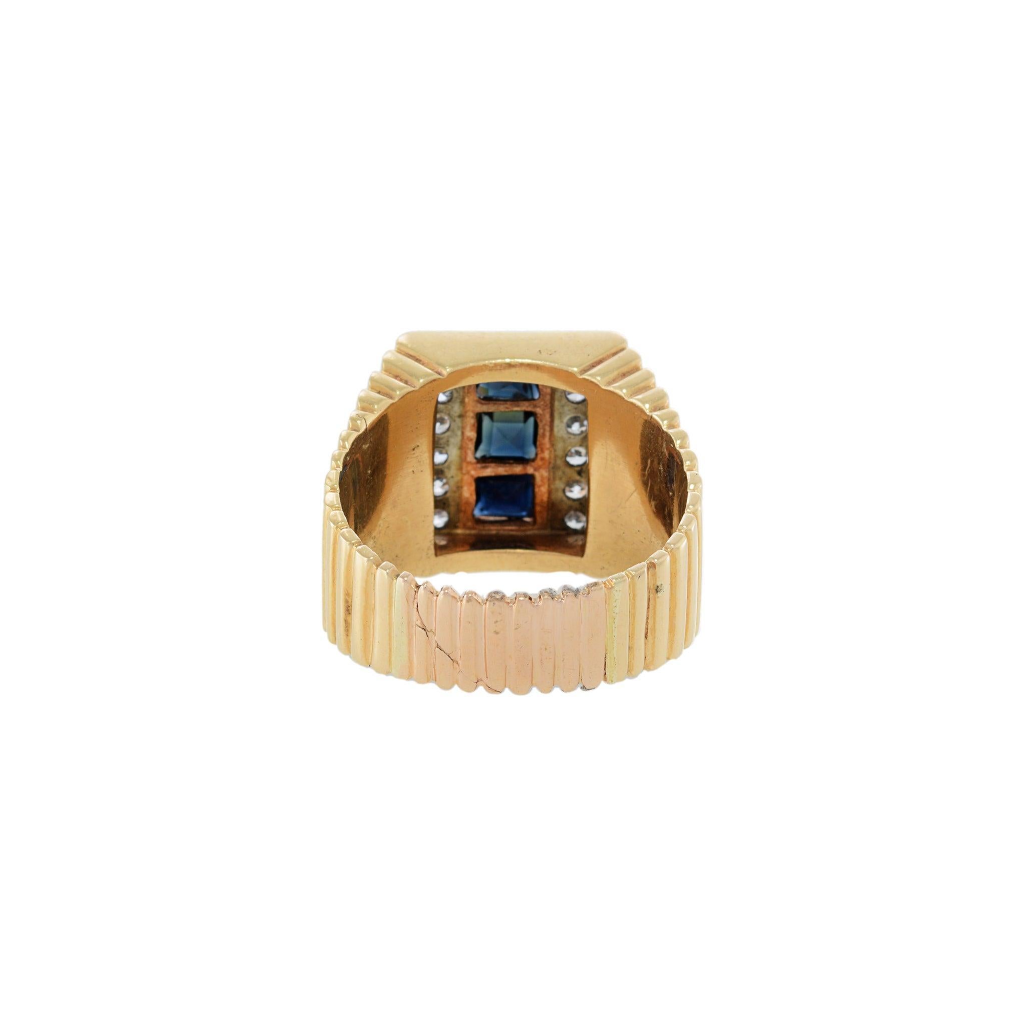 Bague homme Vintage Retro en or rose 18KT saphir bleu et diamant en vente 1