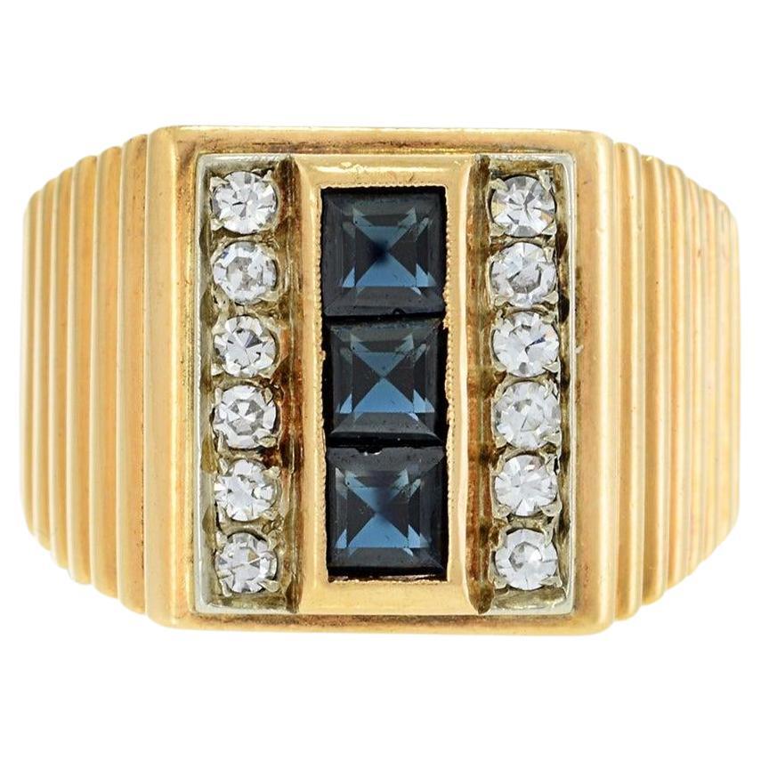 Bague homme Vintage Retro en or rose 18KT saphir bleu et diamant en vente