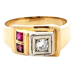 Bague rétro en or jaune 14k pour homme avec rubis et diamants