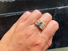 Mens Vintage Ruby Row Center and Diamond Side Rows Ring in 14k Yellow Gold