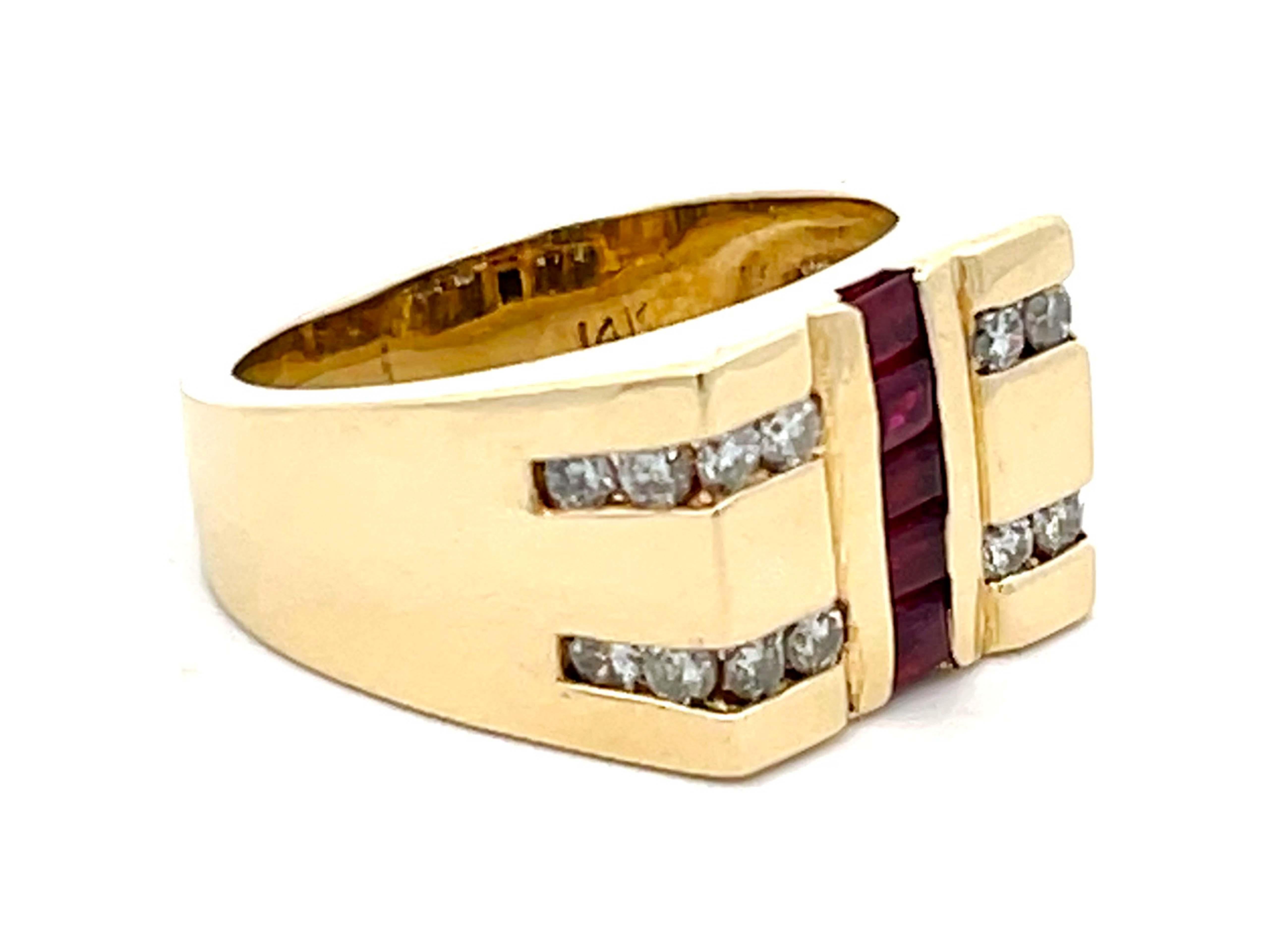 Retro Mens Vintage Ruby Row Center and Diamond Side Rows Ring in 14k Yellow Gold For Sale