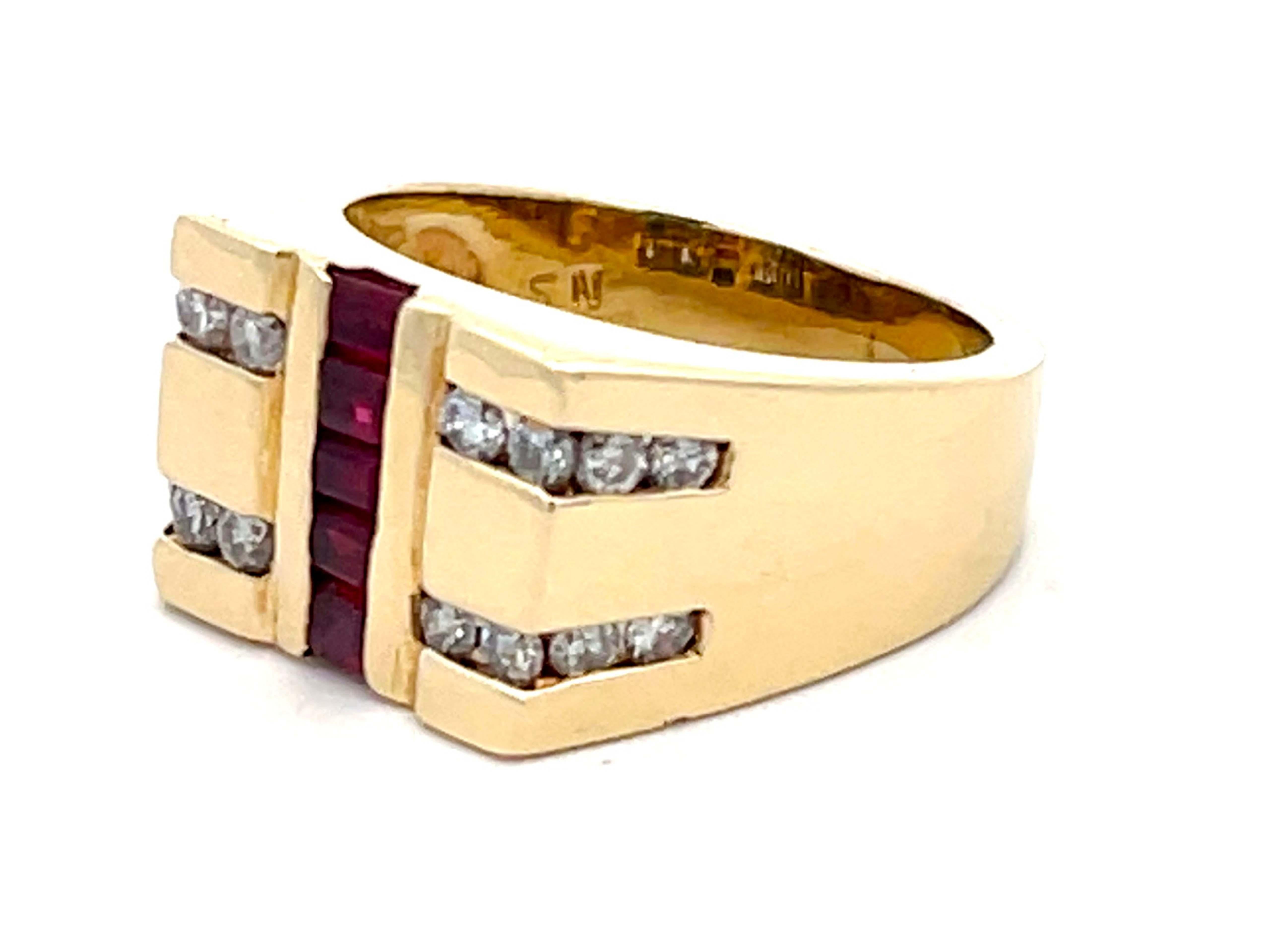 Brilliant Cut Mens Vintage Ruby Row Center and Diamond Side Rows Ring in 14k Yellow Gold For Sale