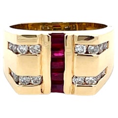 Herren Vintage Ruby Row Center und Diamond Side Rows Ring in 14k Gelbgold