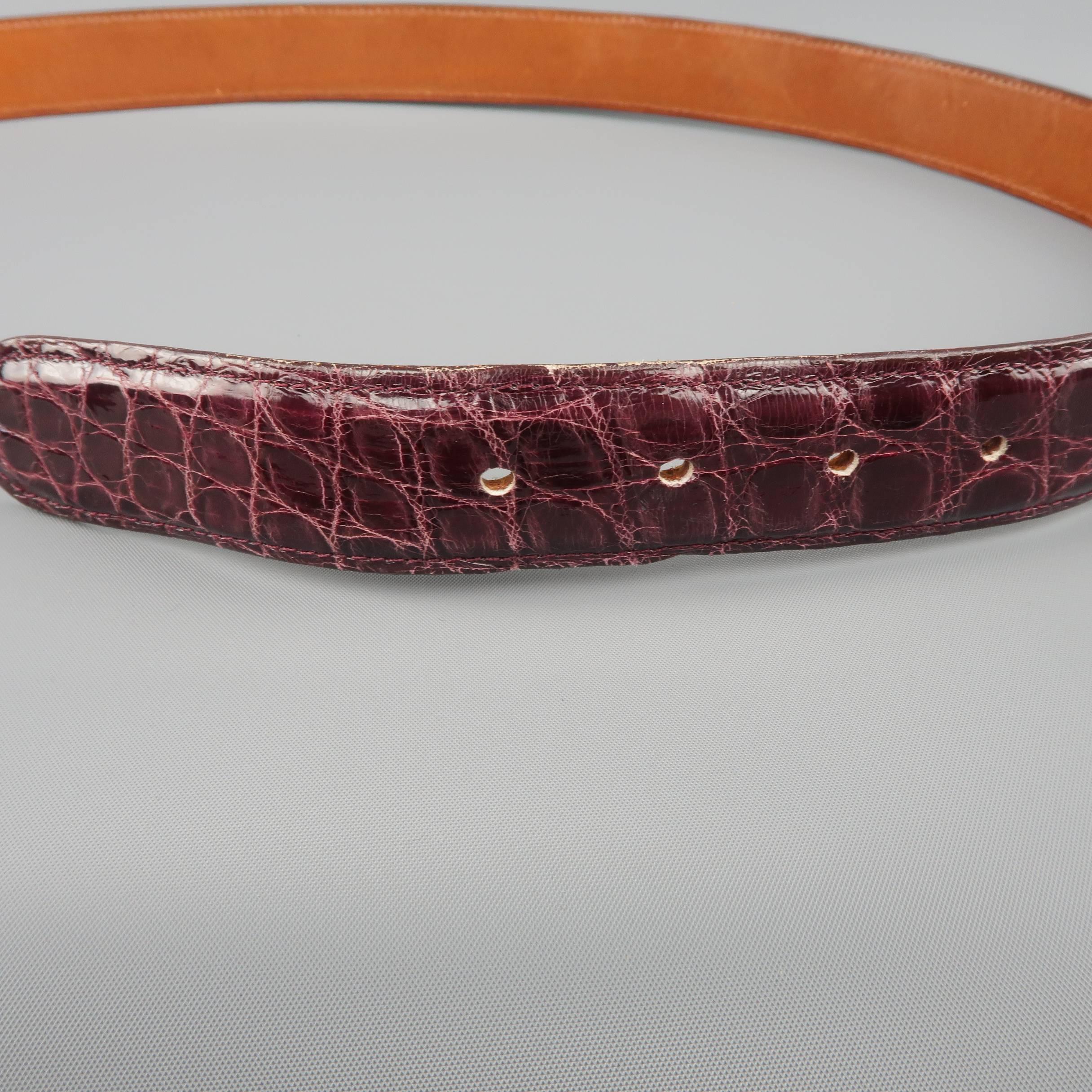 Men's VINTAGE Size 38 Plum Purple Crocodile Leather Gold Brass Buckle Dress Belt In Good Condition In San Francisco, CA