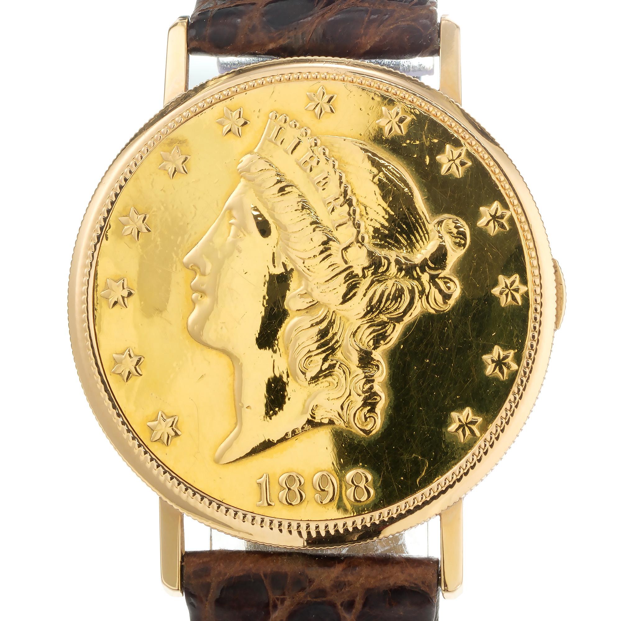 US dollar gold watch. Unique Eska 17 jewel manual wind wristwatch. The case is a US $20 dollar 1898 gold coin that opens via a side button which opens the front and reveals the Eska watch. The dial has the ability of pop forward. Circa 1960's. Shows