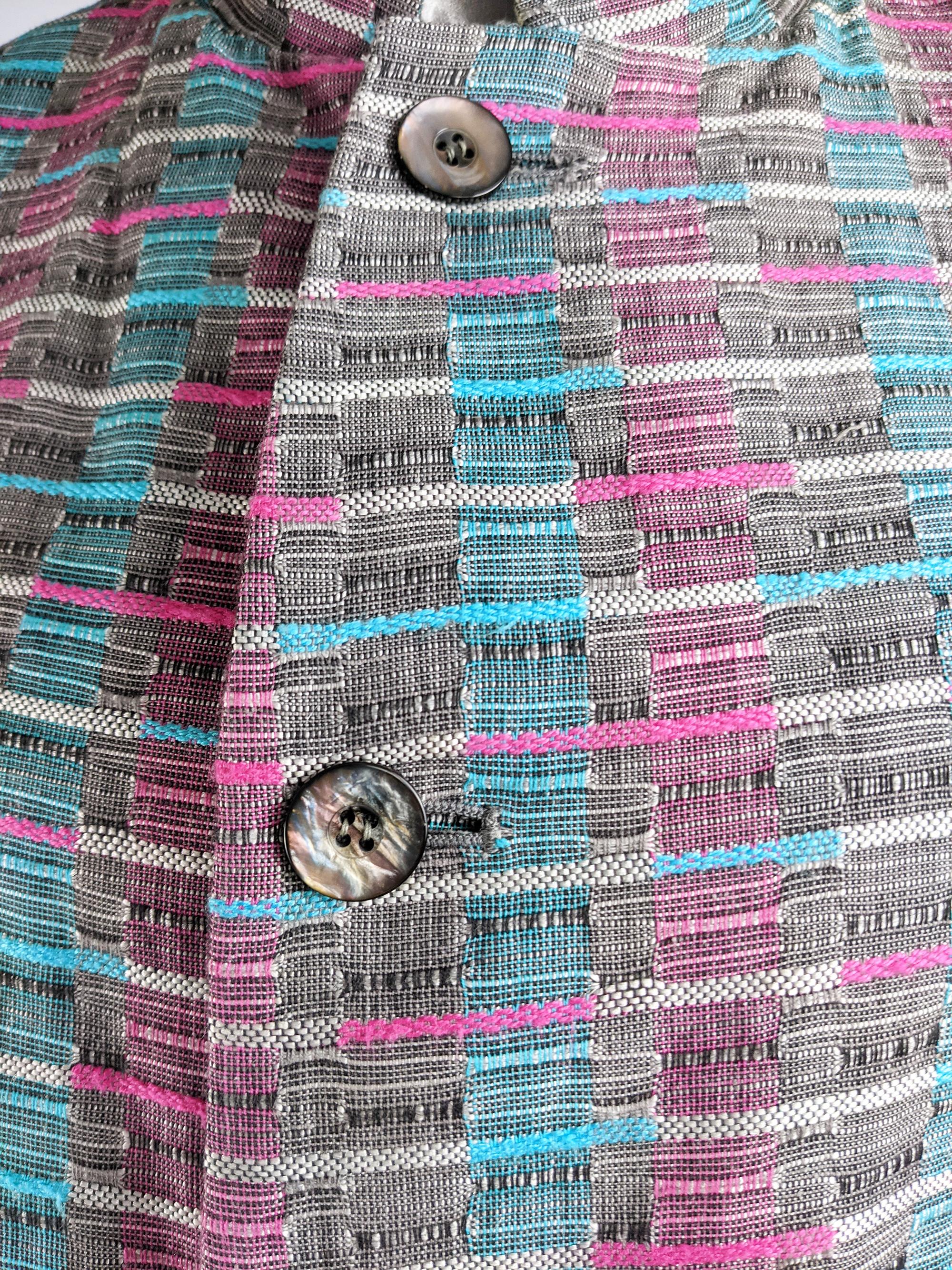 Gray Mens Vintage Woven Tapestry 1980s Fashion Nehru Collar Jacket