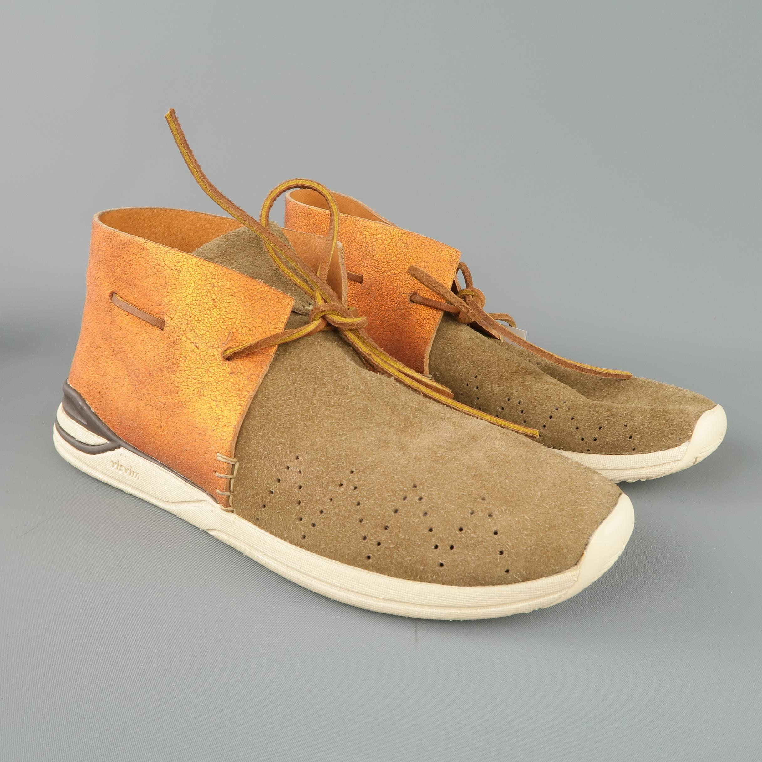 Men's VISVIM Size 9.5 Orange Metallic Leave & Taupe Suede Huron Boot Sneakers 1