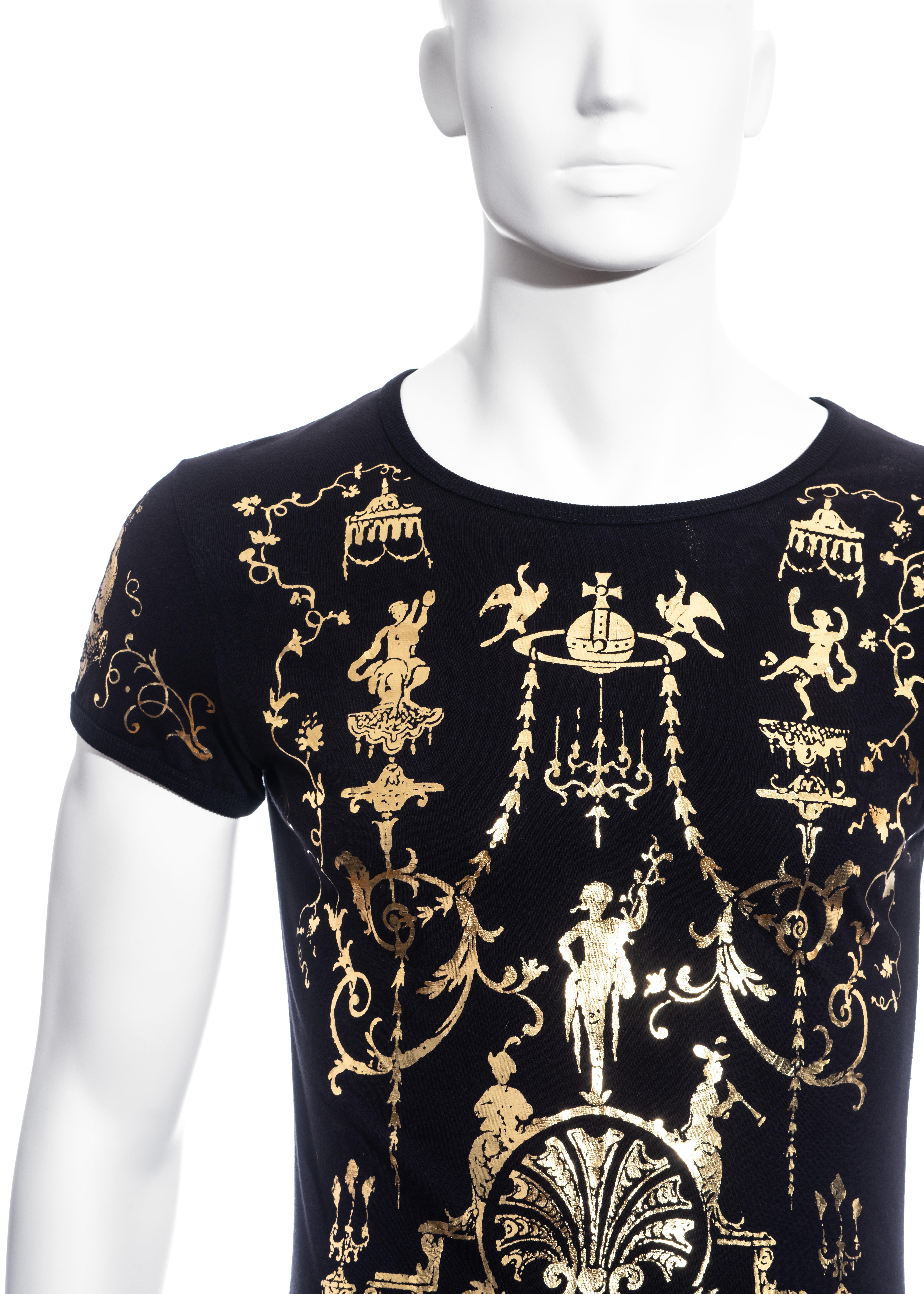 Black Men's Vivienne Westwood black cotton t-shirt with metallic gold print, fw 1990 For Sale