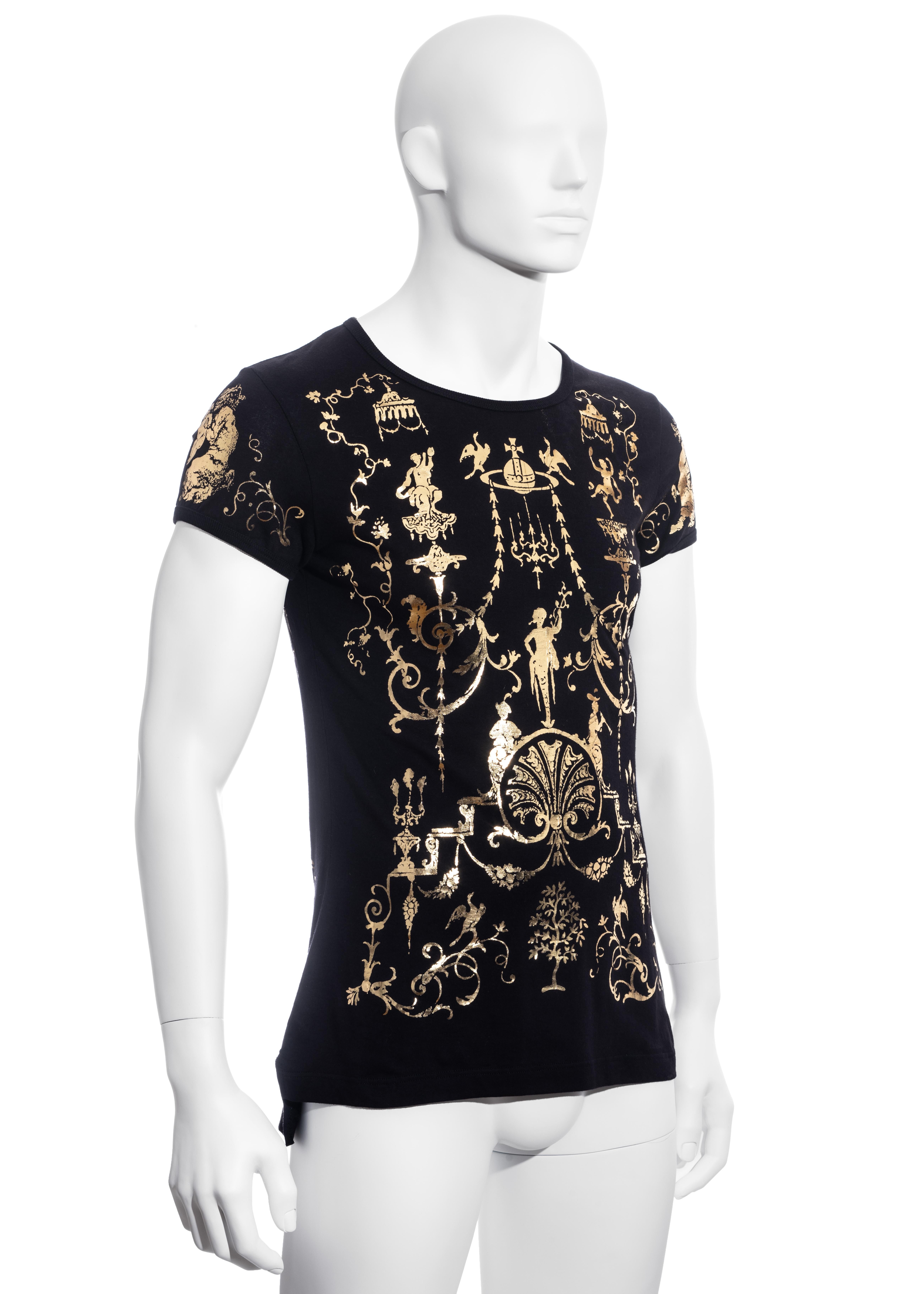 Men's Vivienne Westwood black cotton t-shirt with metallic gold print, fw 1990 In Good Condition For Sale In London, GB