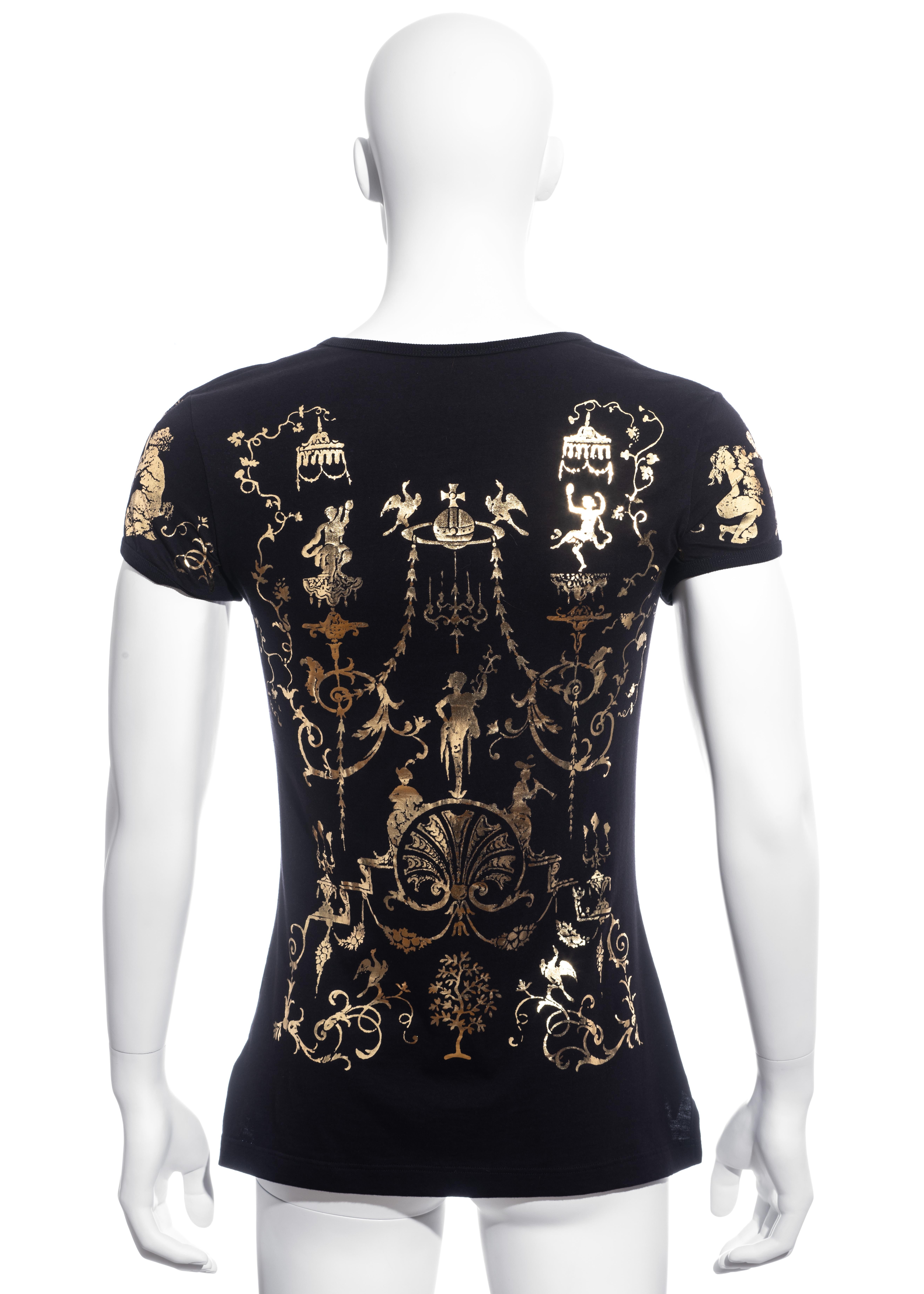 Men's Vivienne Westwood black cotton t-shirt with metallic gold print, fw 1990 For Sale 1