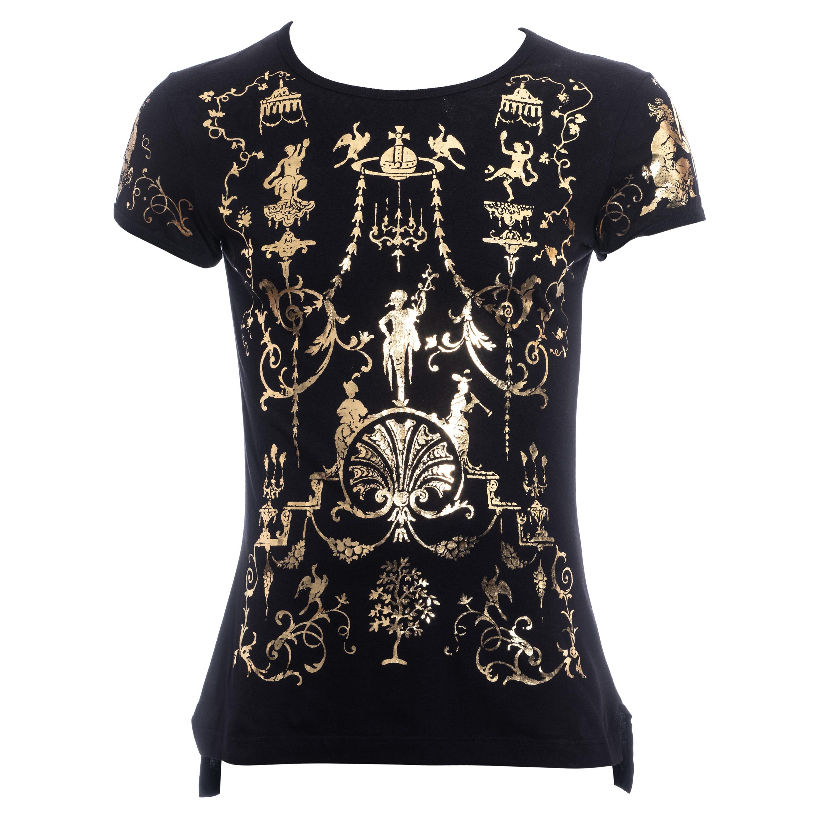 Men's Vivienne Westwood black cotton t-shirt with metallic gold print, fw 1990 For Sale