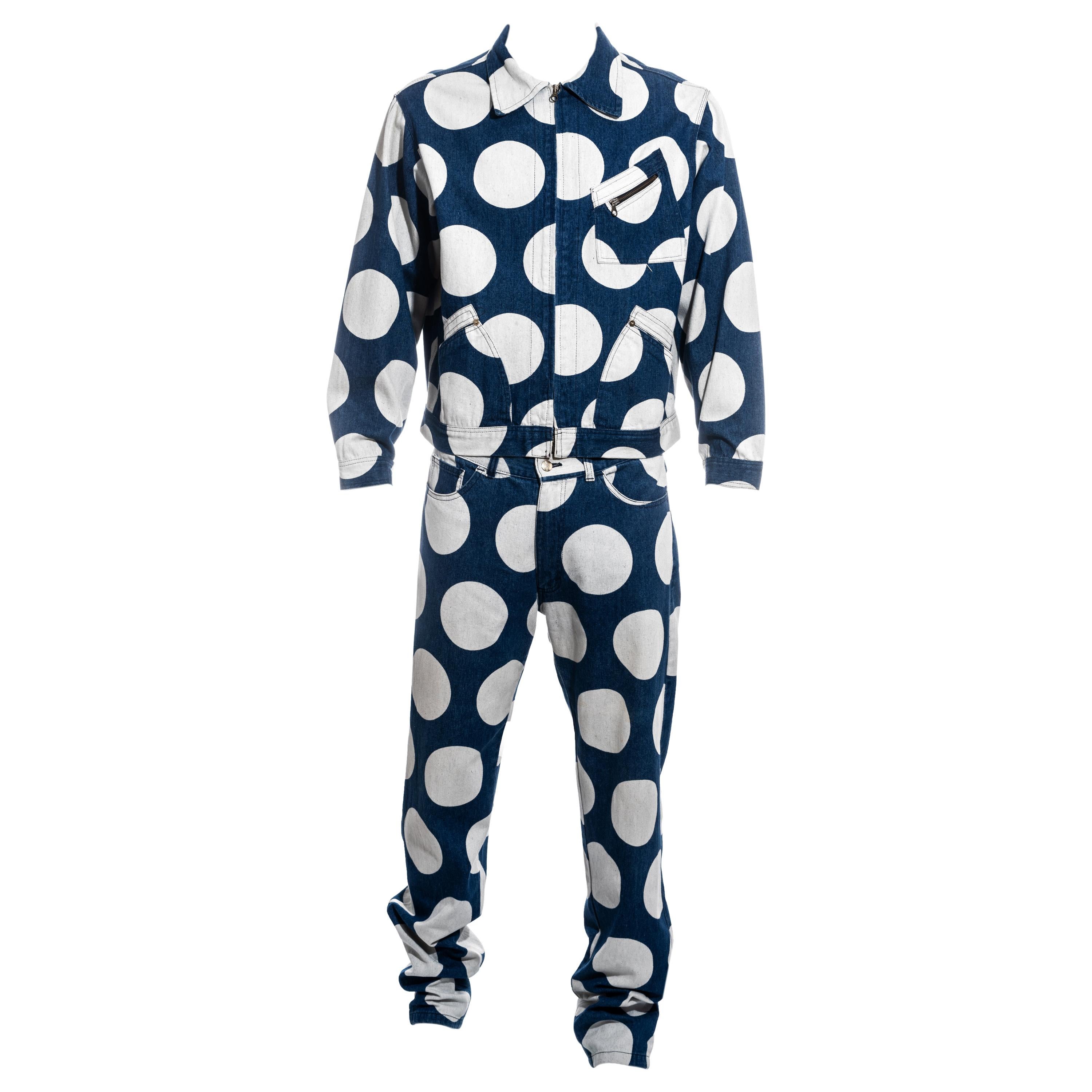 Men's Vivienne Westwood blue and white polka dot denim pant suit, SS 1985 For Sale