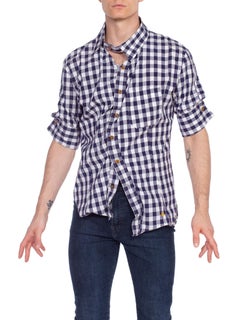 2000S VIVIENNE WESTWOOD Blue & White Cotton Men's "Drunken Button" Plaid Shirt