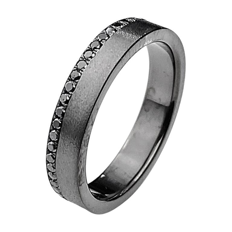 Men's White Gold Wedding Band with Black Rhodium Finish and Black Diamonds For Sale