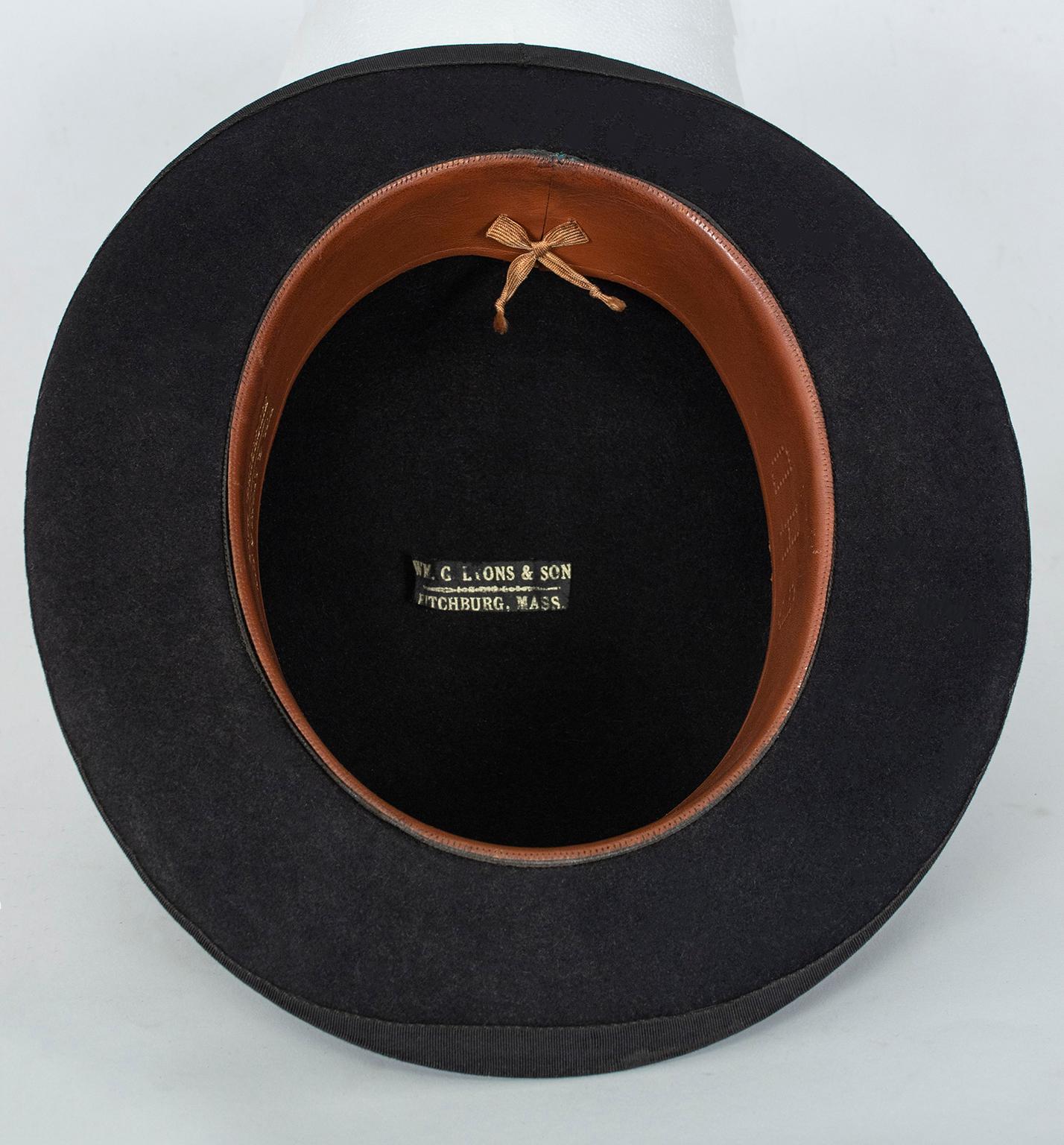 Men’s William Lyons Black Fine Felt Bowler Hat – size 7 1/8, 1920s In Good Condition For Sale In Tucson, AZ