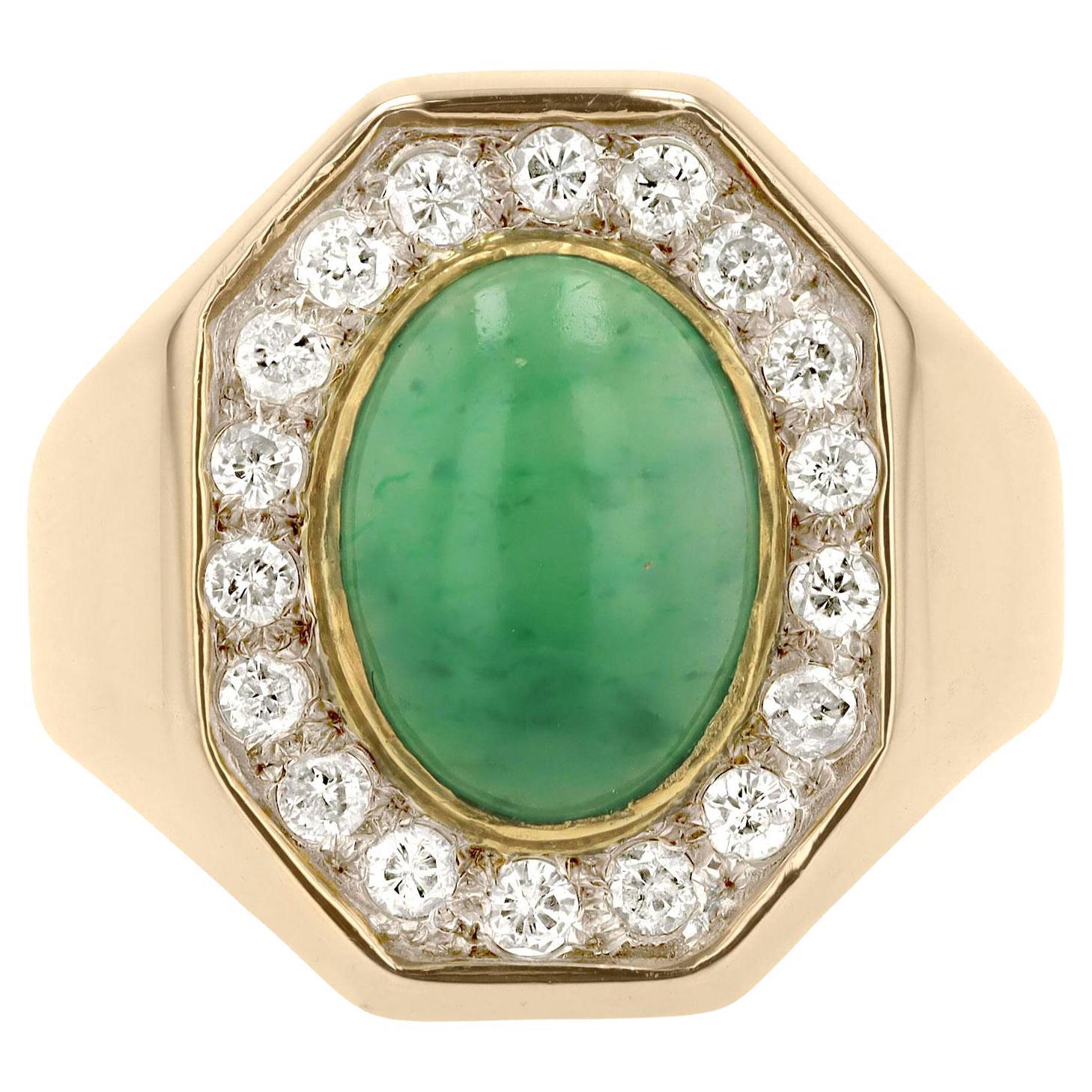 Men's Women's Mid Century Jade & Diamond 14k Yellow Gold Ring