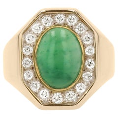 Men's Women's Mid Century Jade & Diamond 14k Yellow Gold Ring