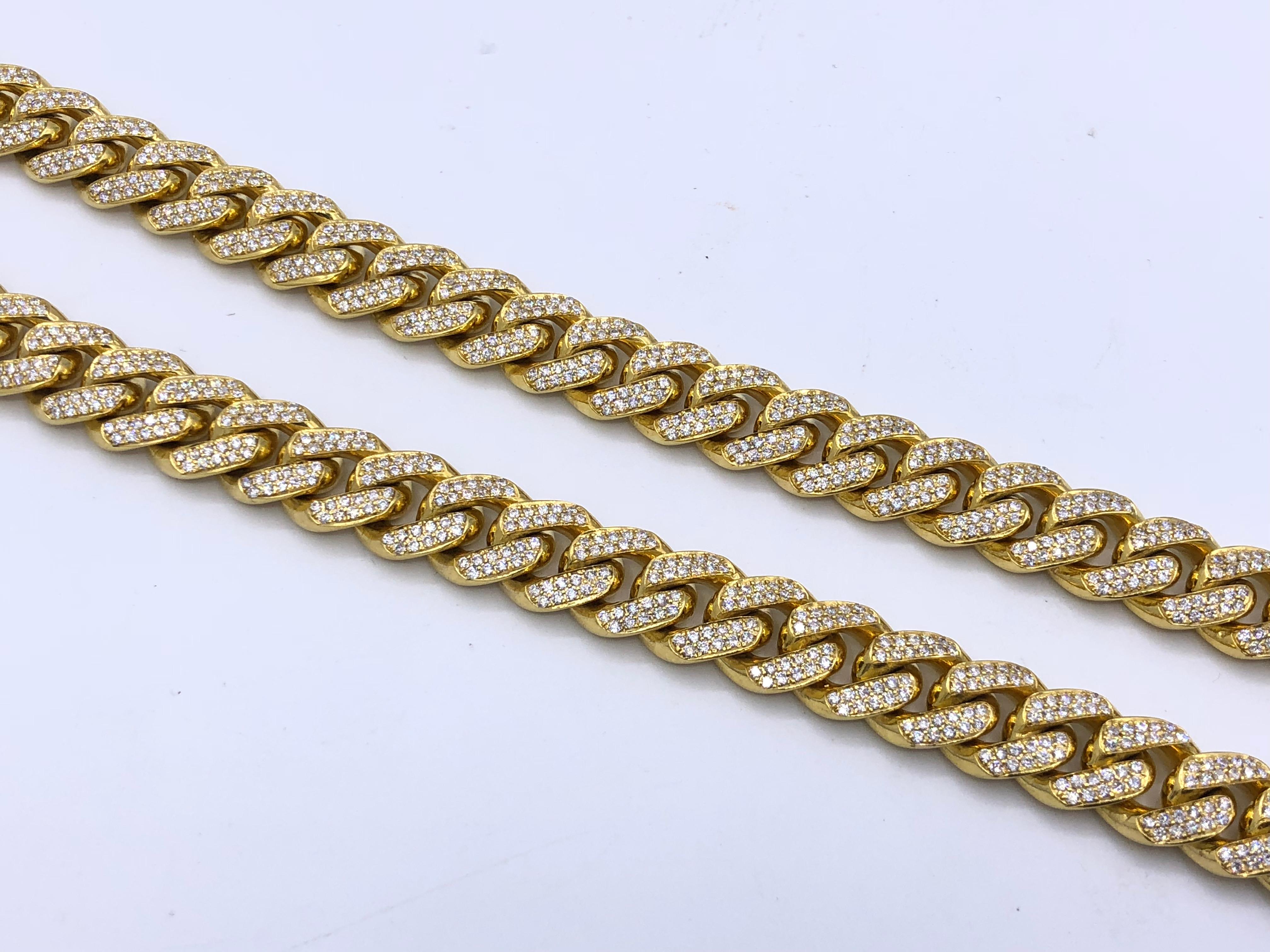 14KT yellow gold diamond Cuban link necklace 13.30ct total weight of pave diamonds, 24