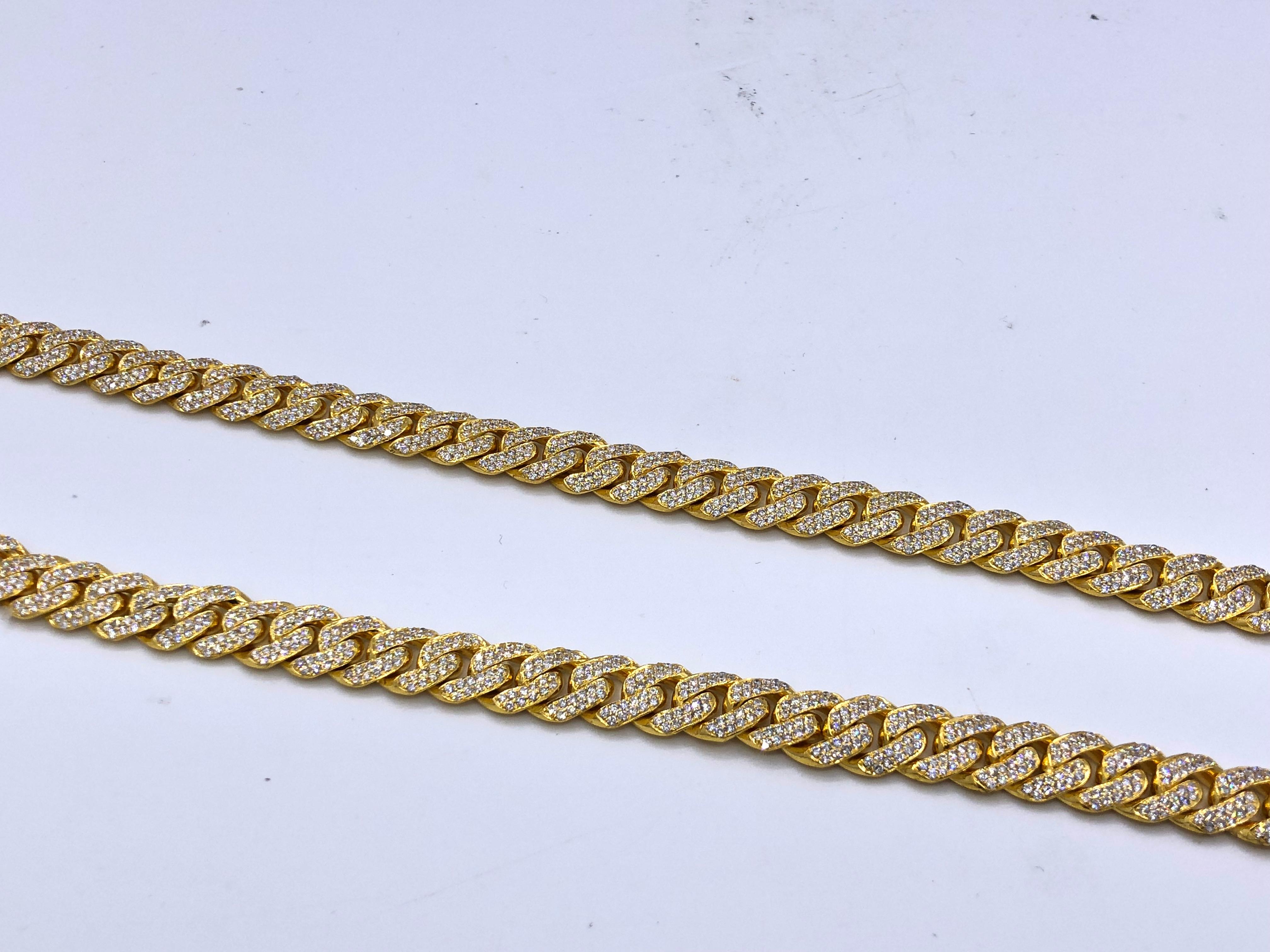14KT yellow diamond Cuban link necklace 16.00ct total weight of pave diamonds, 24