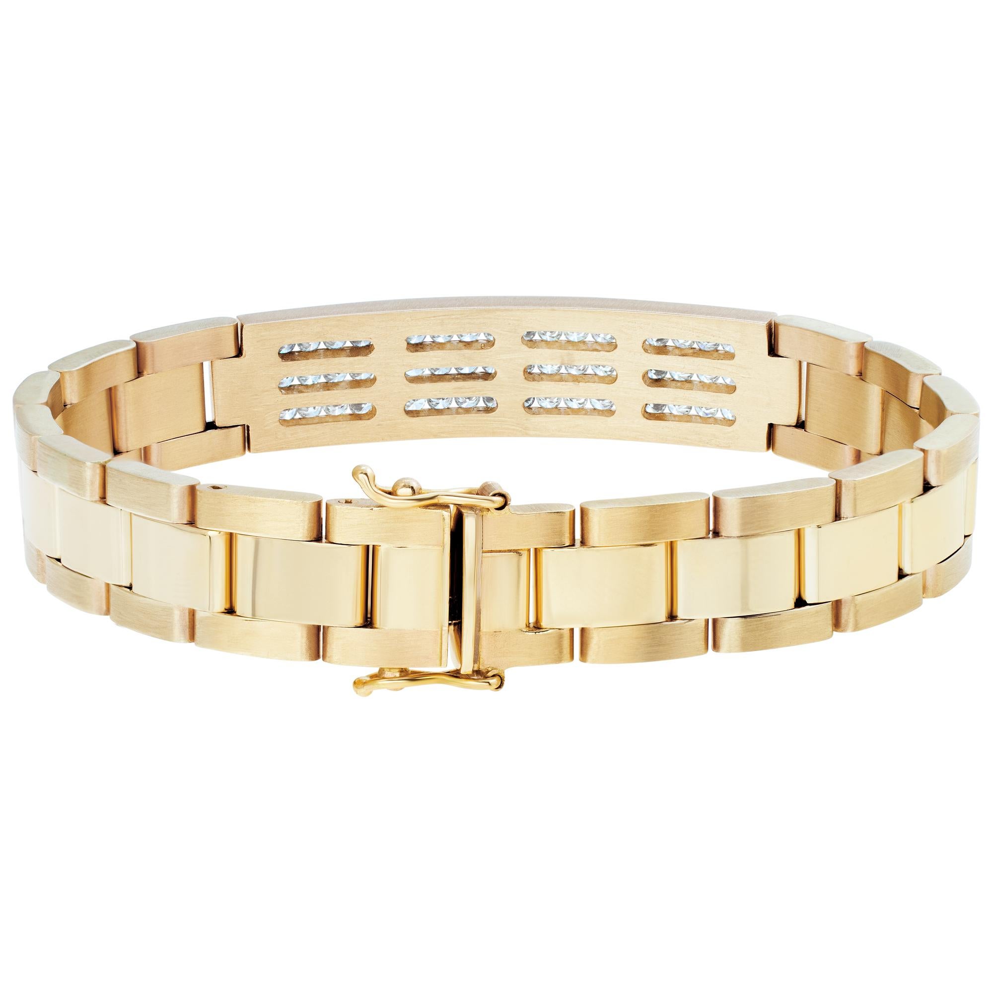 Men's Mens yellow gold link bracelet with diamonds. For Sale