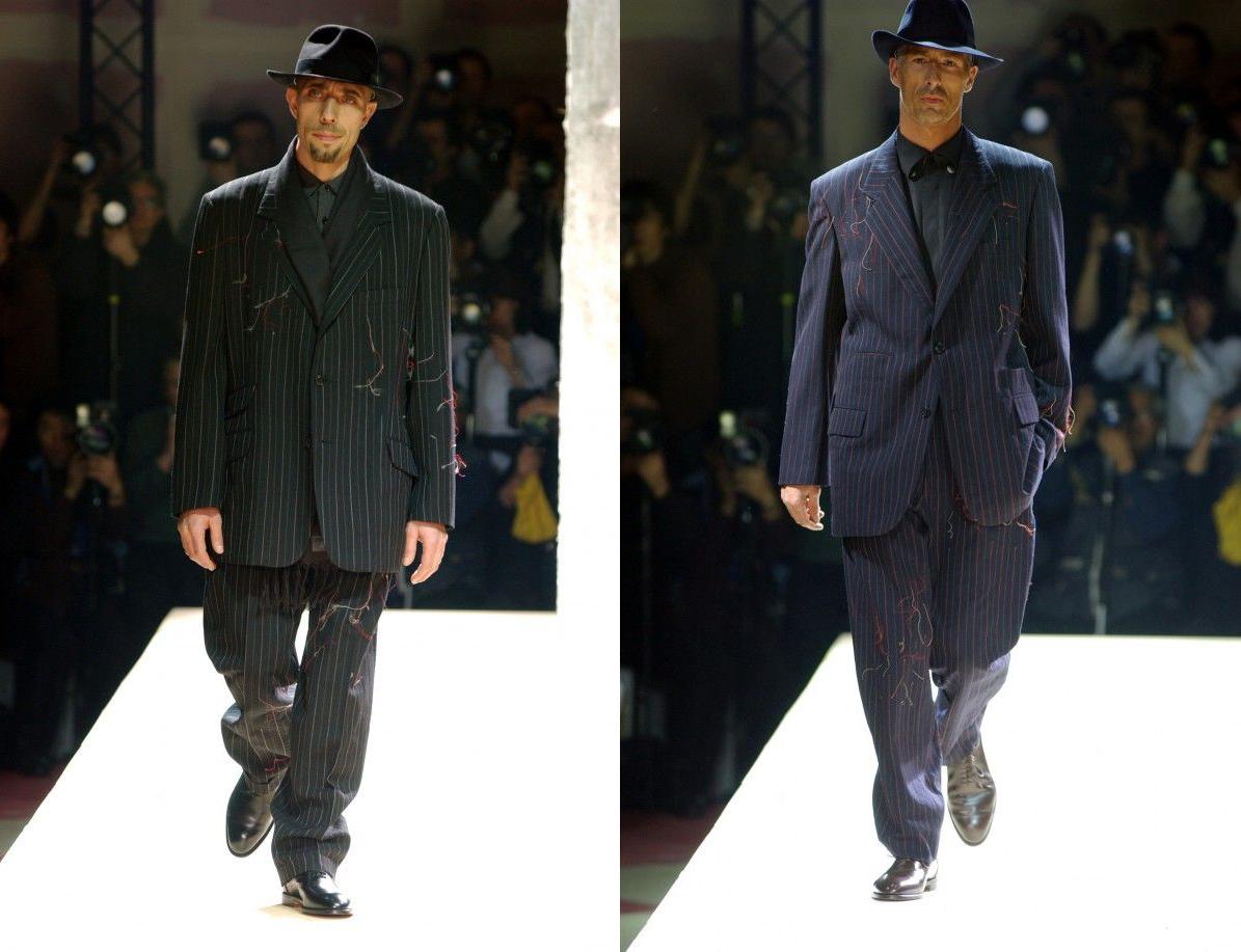 Black Men's Yohji Yamamoto navy frayed pinstriped wool suit, fw 2003 For Sale