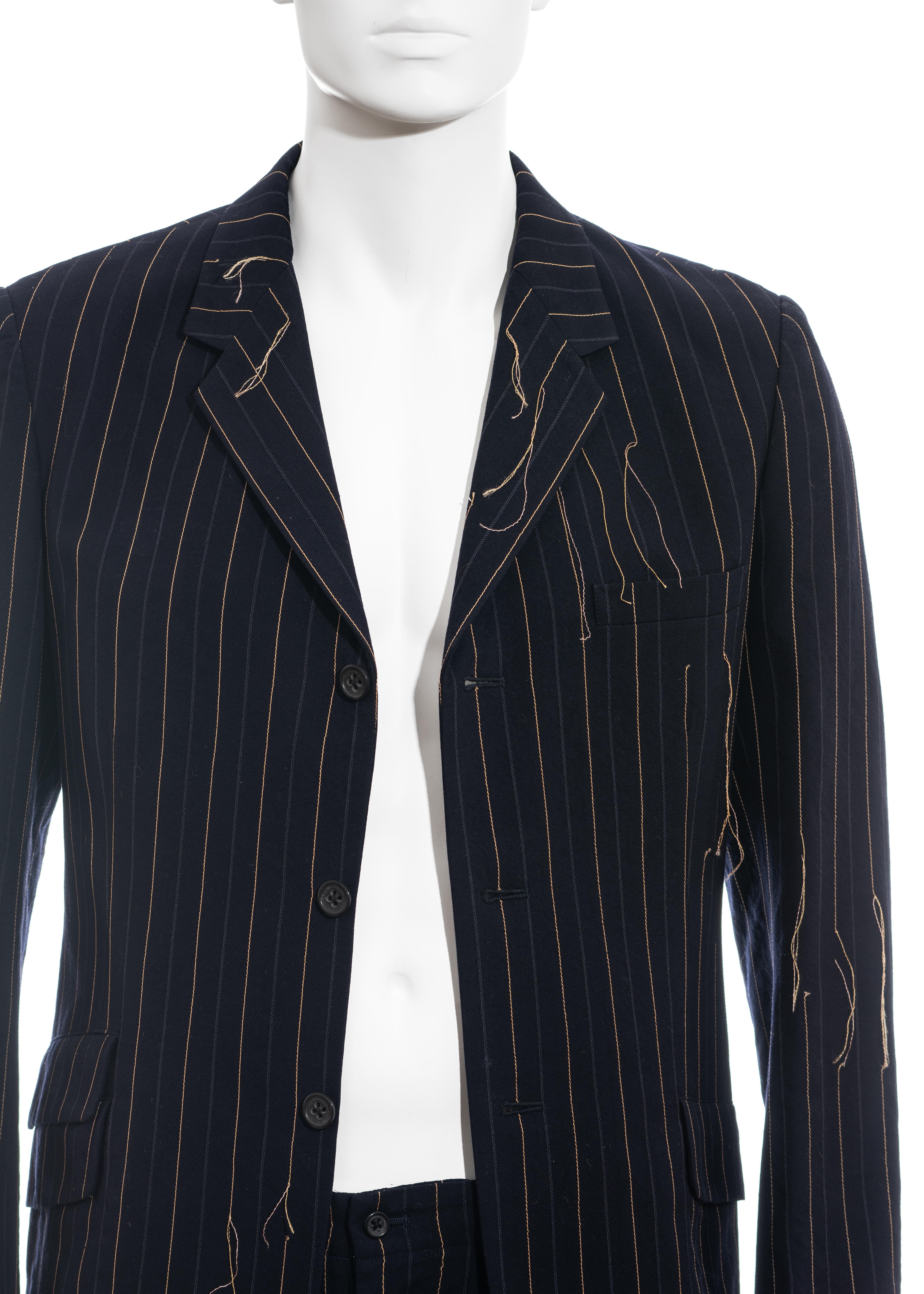 Men's Yohji Yamamoto navy frayed pinstriped wool suit, fw 2003 For Sale 1