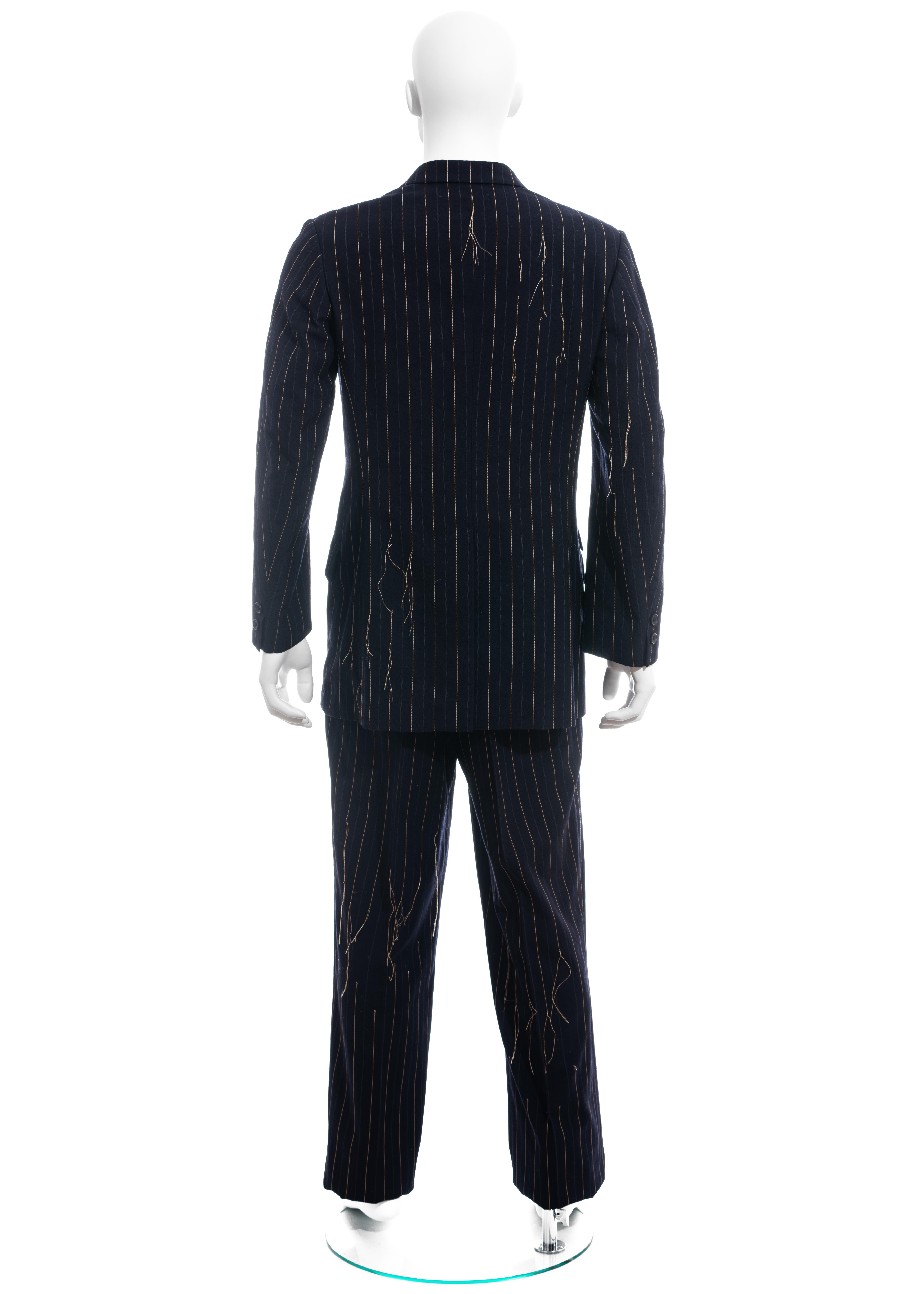 Men's Yohji Yamamoto navy frayed pinstriped wool suit, fw 2003 In Good Condition For Sale In London, GB