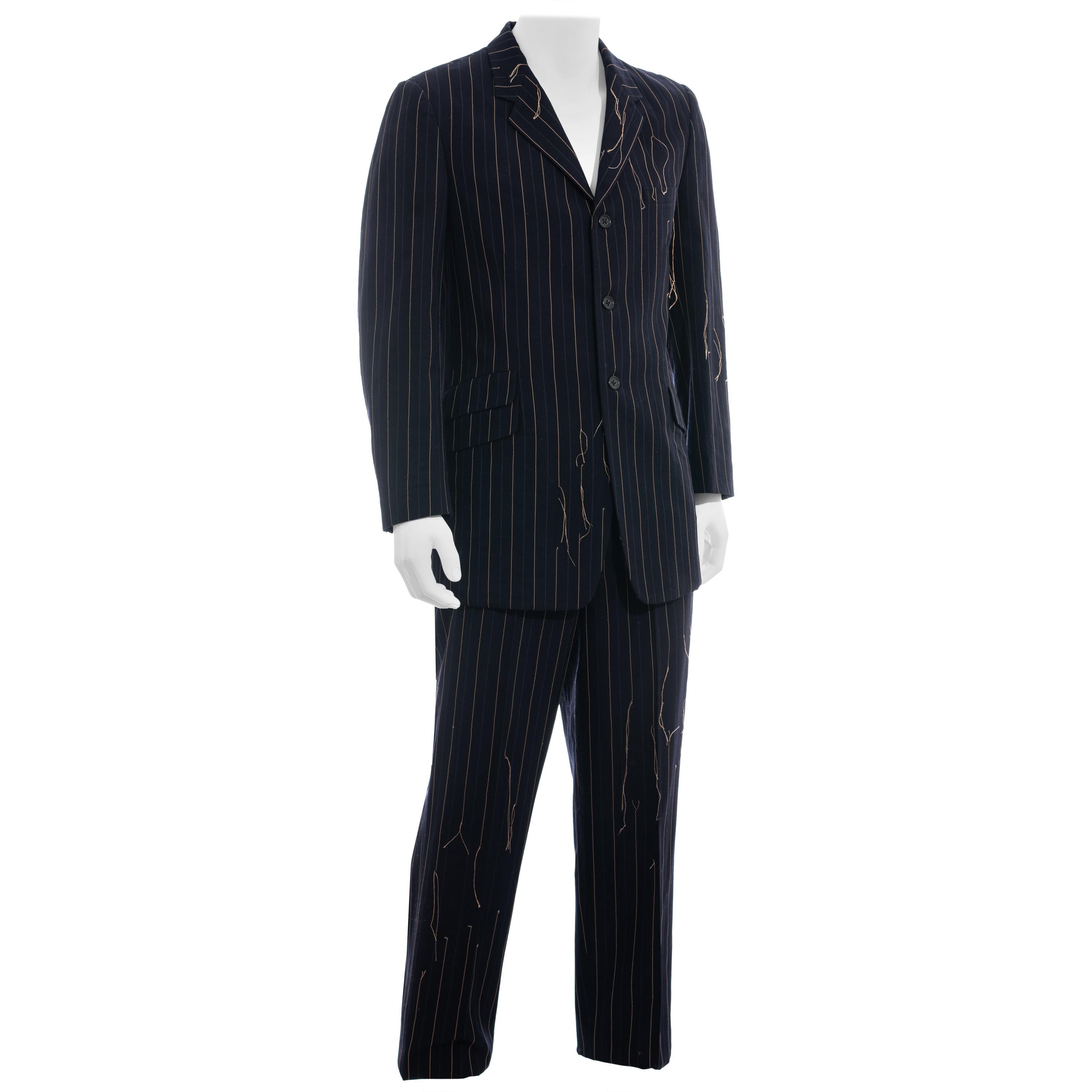 Men's Yohji Yamamoto navy frayed pinstriped wool suit, fw 2003 For Sale
