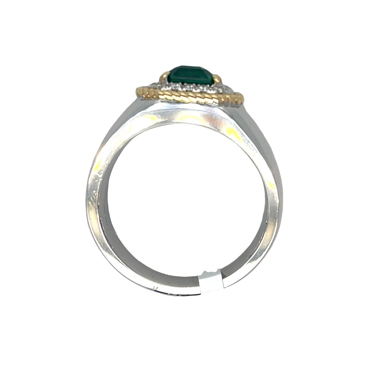 Emerald Cut Men's Zambian Emerald and Diamond Two Tone 14KYW Gold Ring For Sale