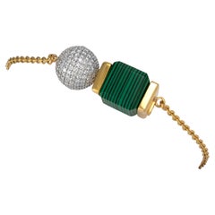 Menthe Cube Gold Chain Bracelet with Ribbed Malachite Cube & Pavé Diamond Sphere