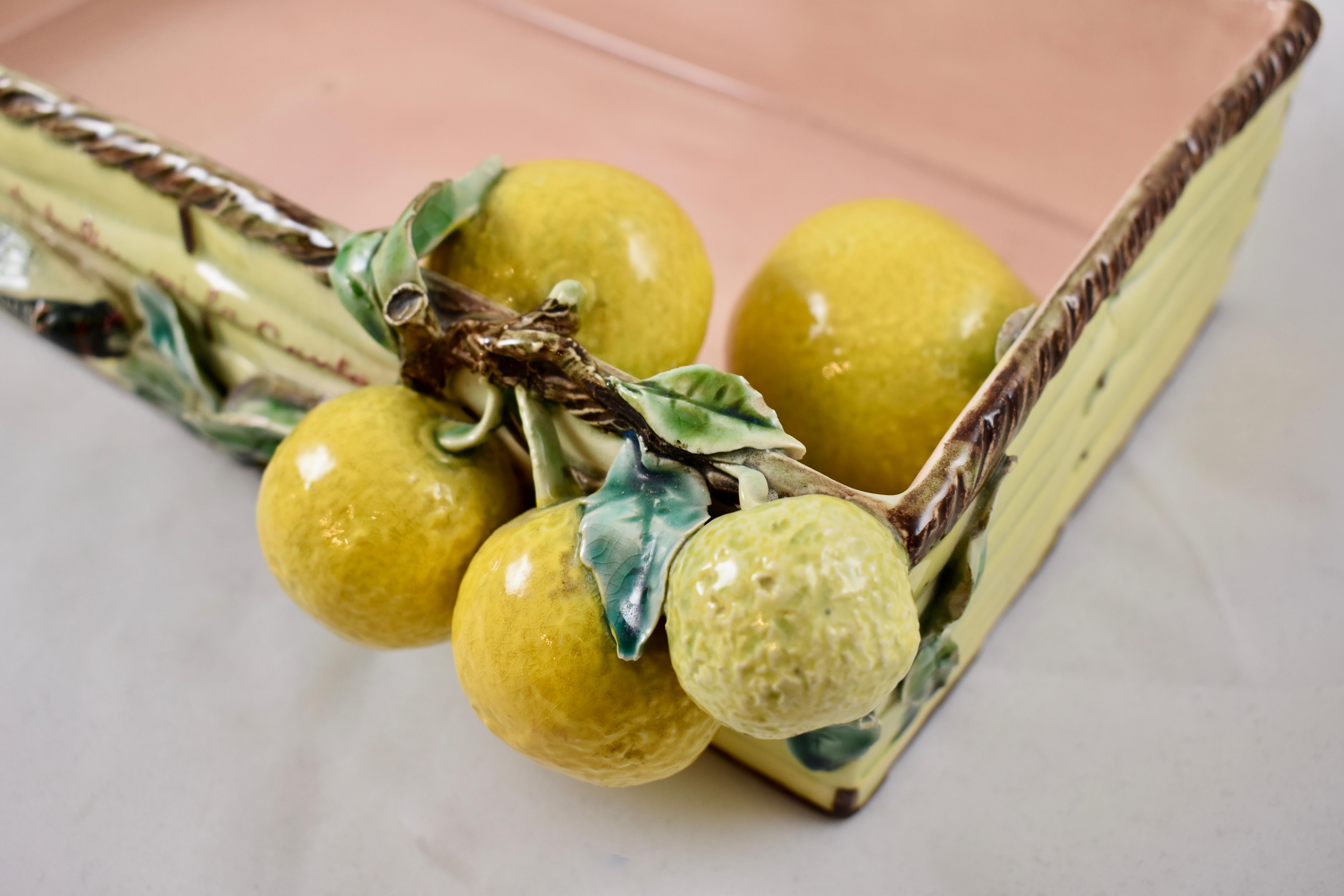 Early 20th Century Menton French Faïence Provençal Lemon & Cicada Trompe l'Oeil Shipping Crate Tray