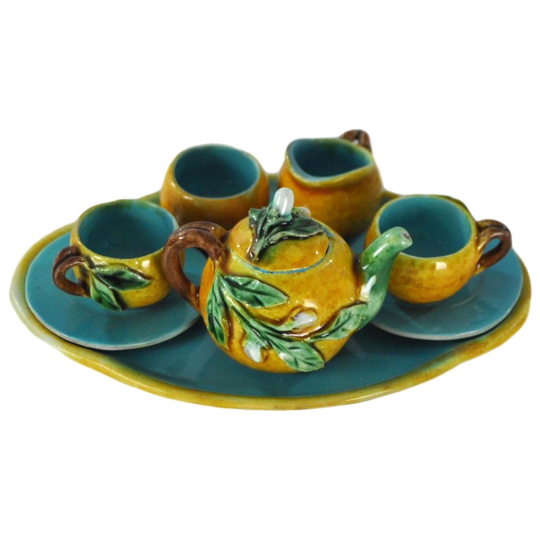 Menton French Majolica Barbotine Miniature Tea Set Signed Perret-Gentil