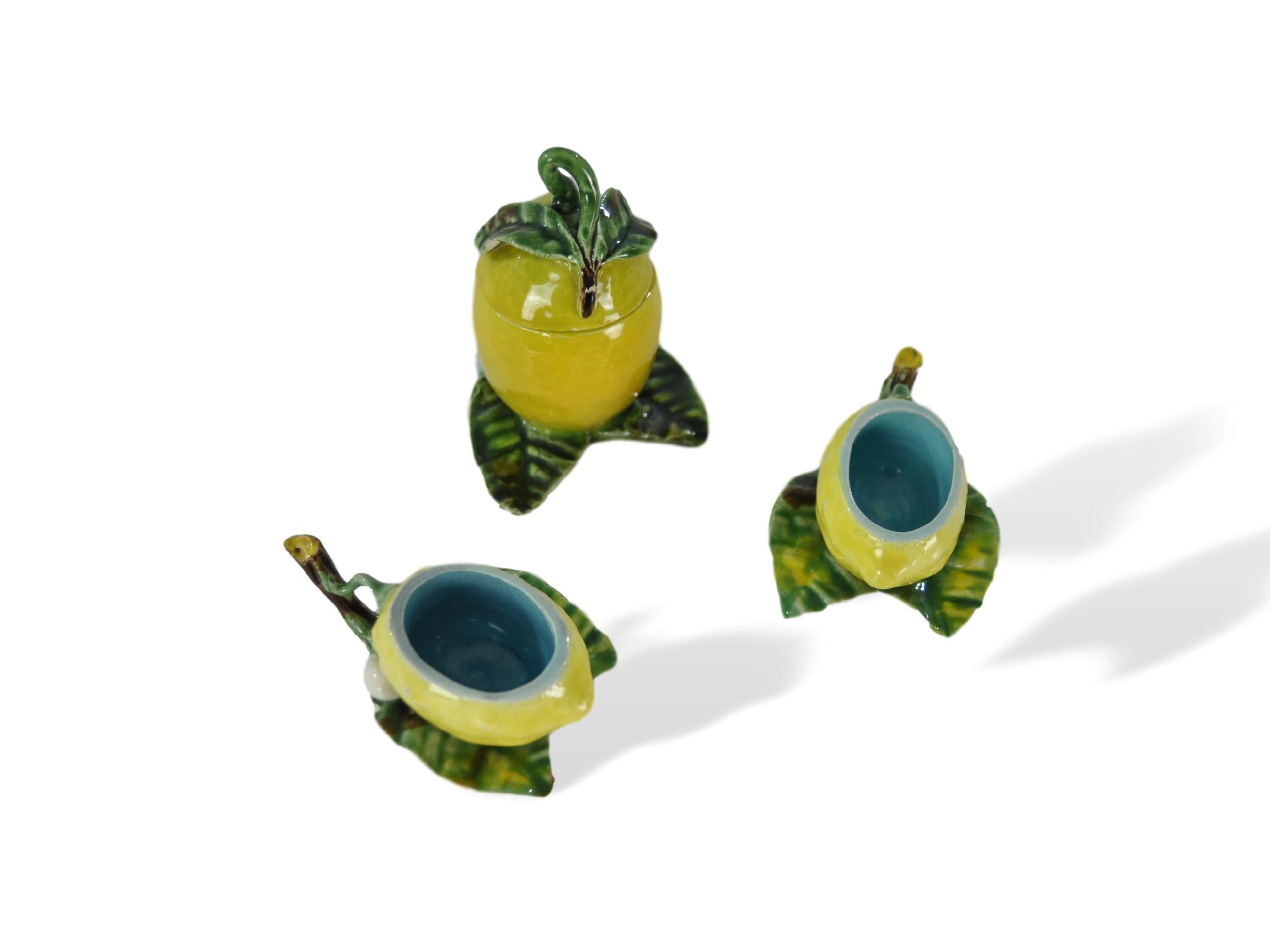Fired Menton French Majolica Barbotine Mustard Pot and Two Salt Cellars, circa 1885 For Sale