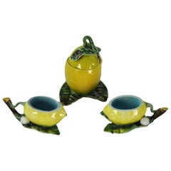 Menton French Majolica Barbotine Mustard Pot and Two Salt Cellars, circa 1885