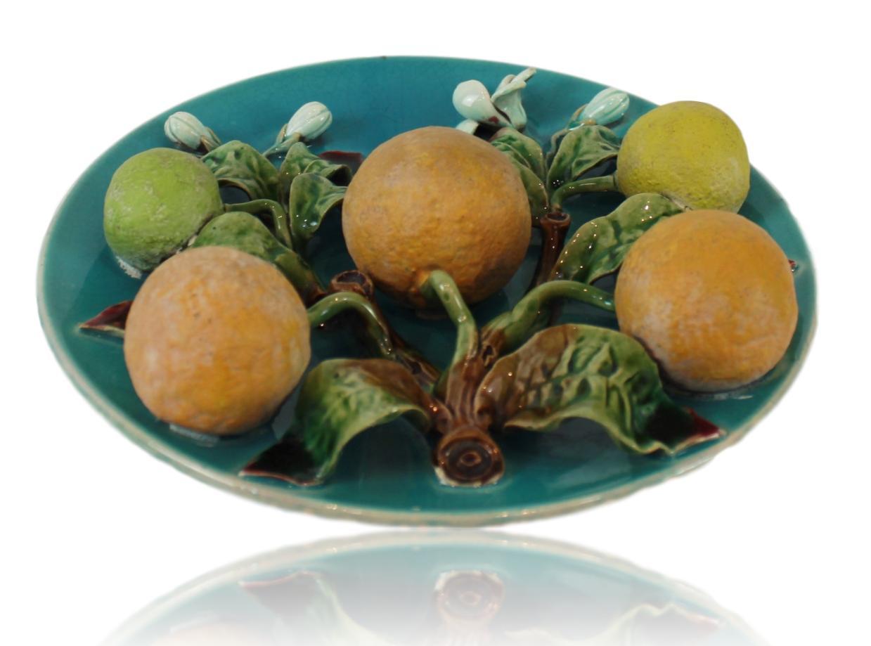 Victorian Menton French Majolica Wall Plaque on a Turquoise Ground with Oranges, ca. 1880