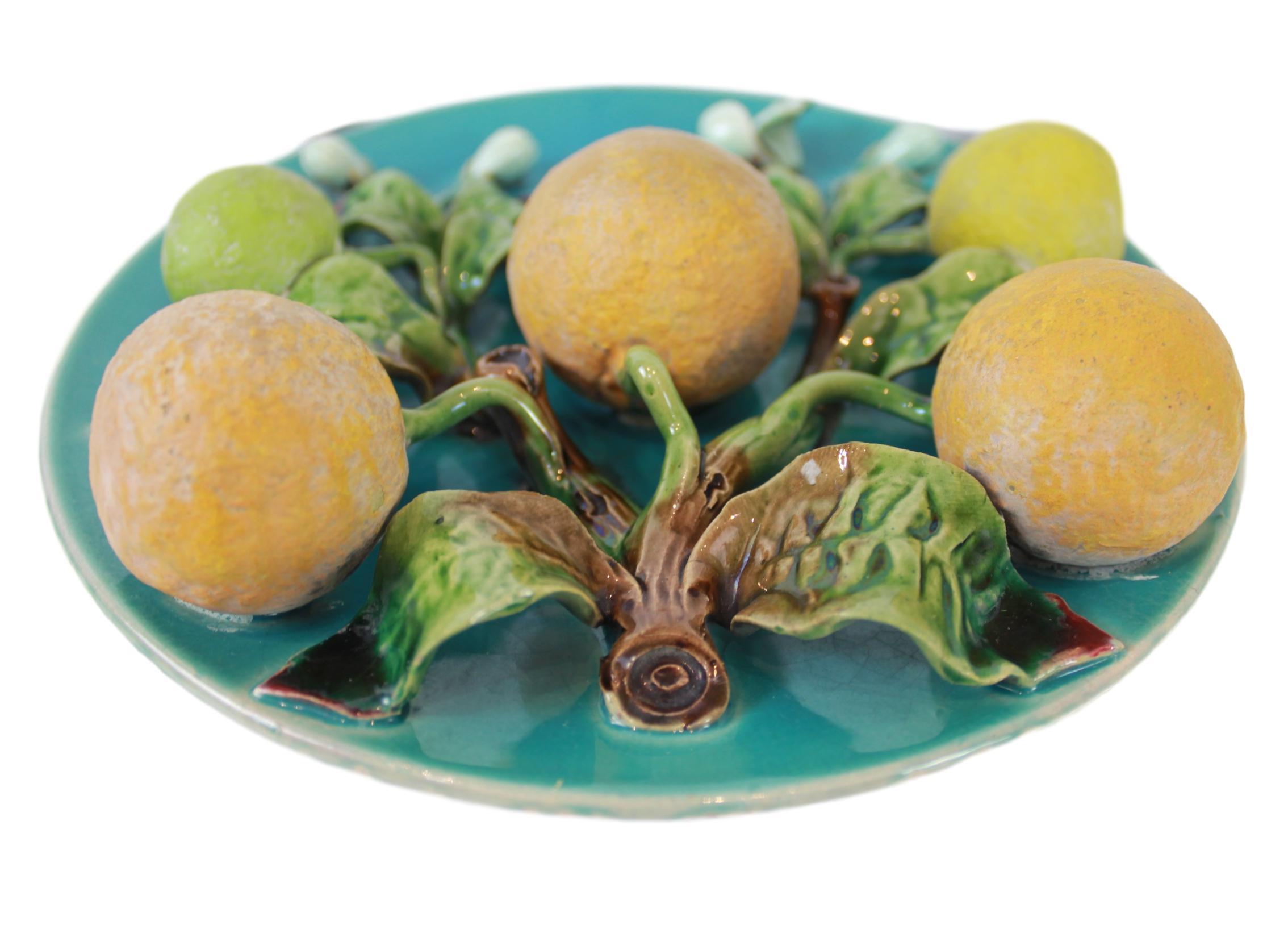 Menton French Majolica Wall Plaque on a Turquoise Ground with Oranges, ca. 1880 3